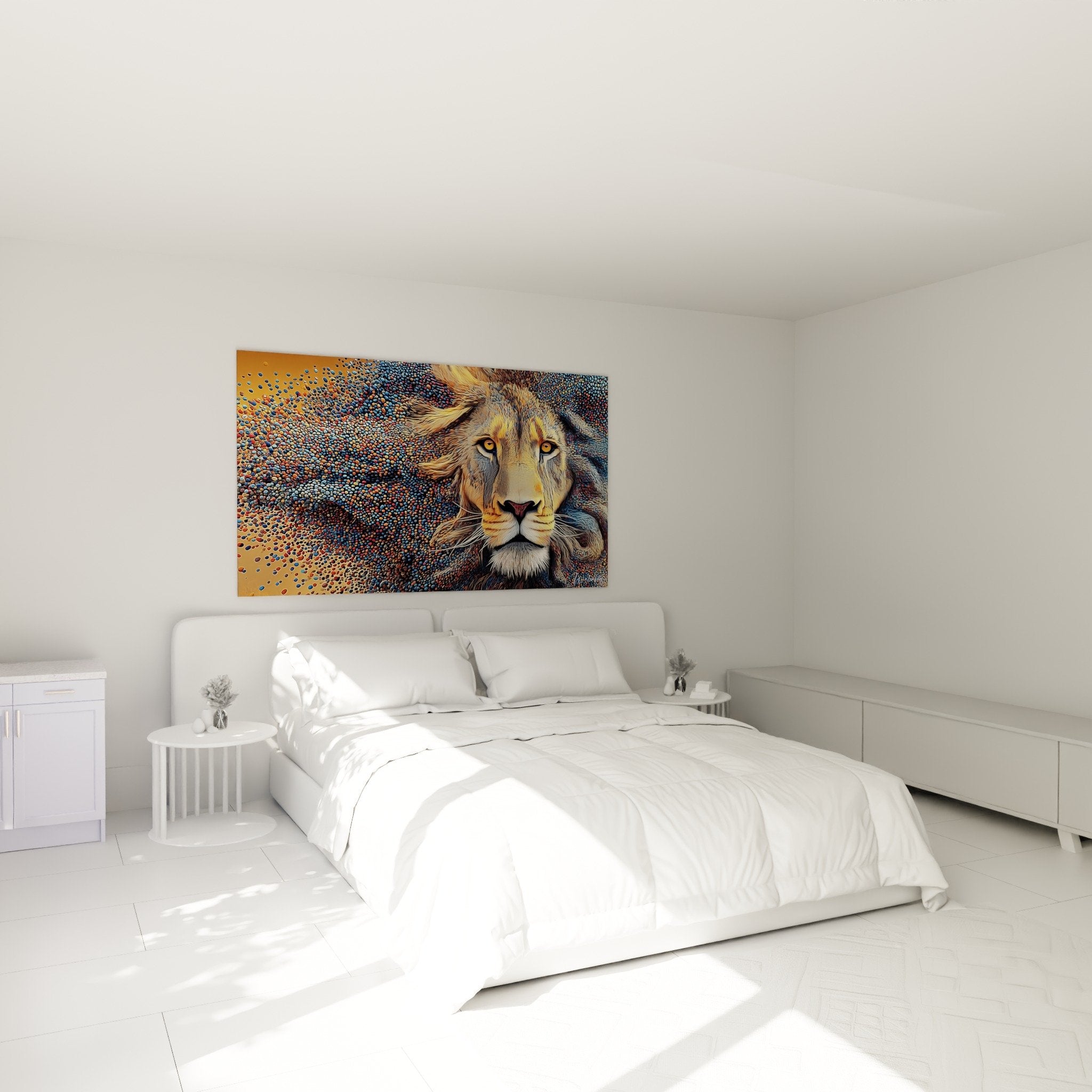 Quadro leone frammentato camera moderna parete grigia decorazione murale contemporanea dorata blu
