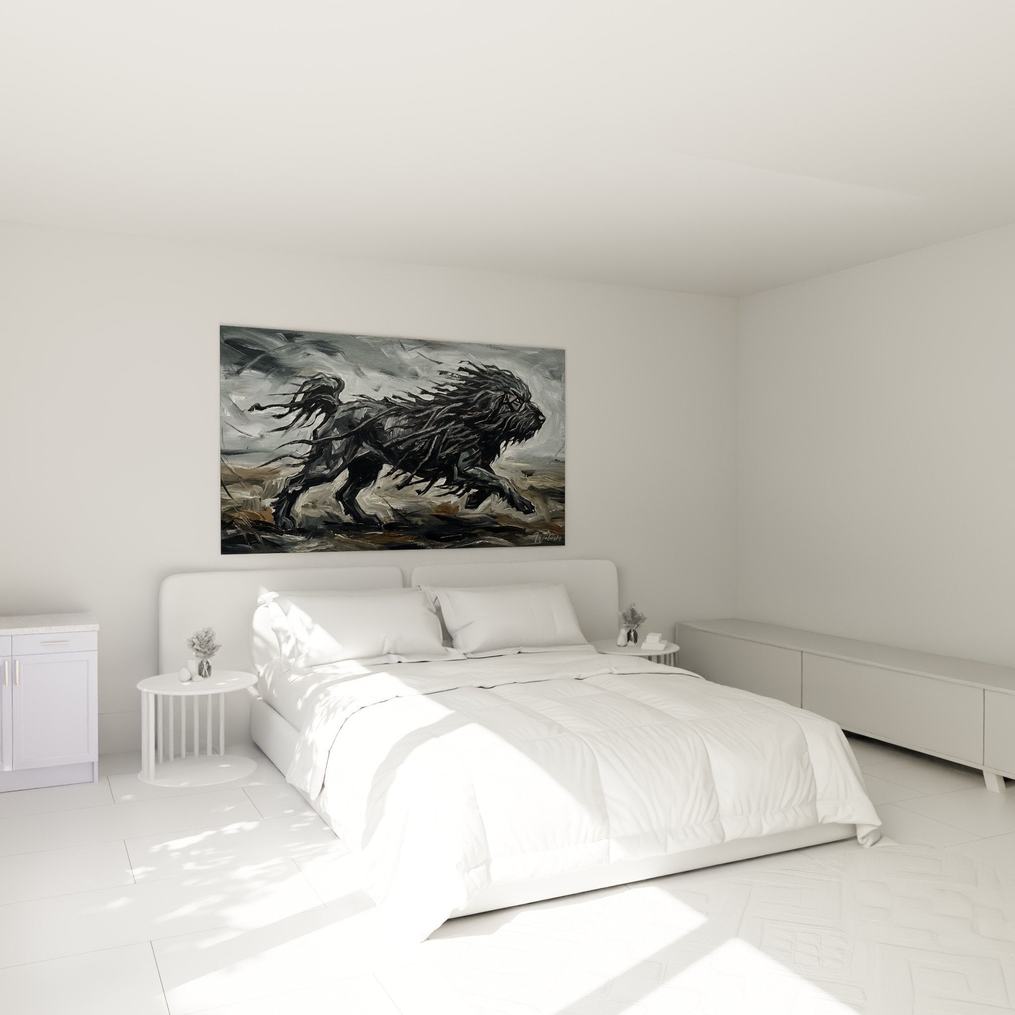 Tableau lion noir expressionniste dans chambre moderne decoration murale contemporaine ambiance galerie art puli