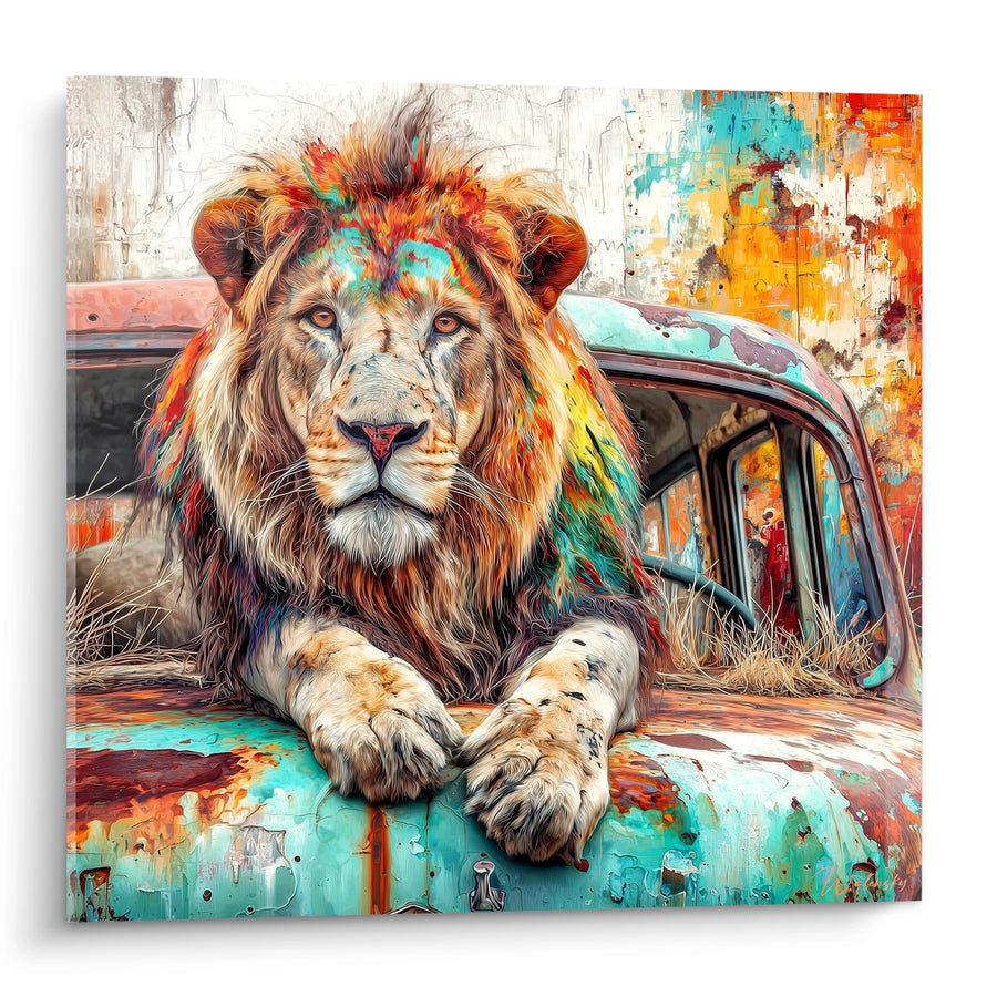 Tableau Lion Majestueux sur Capot de Voiture Vintage Rouillé aux Couleurs Turquoise et Orange - Roi Urbain - Edition Lion
