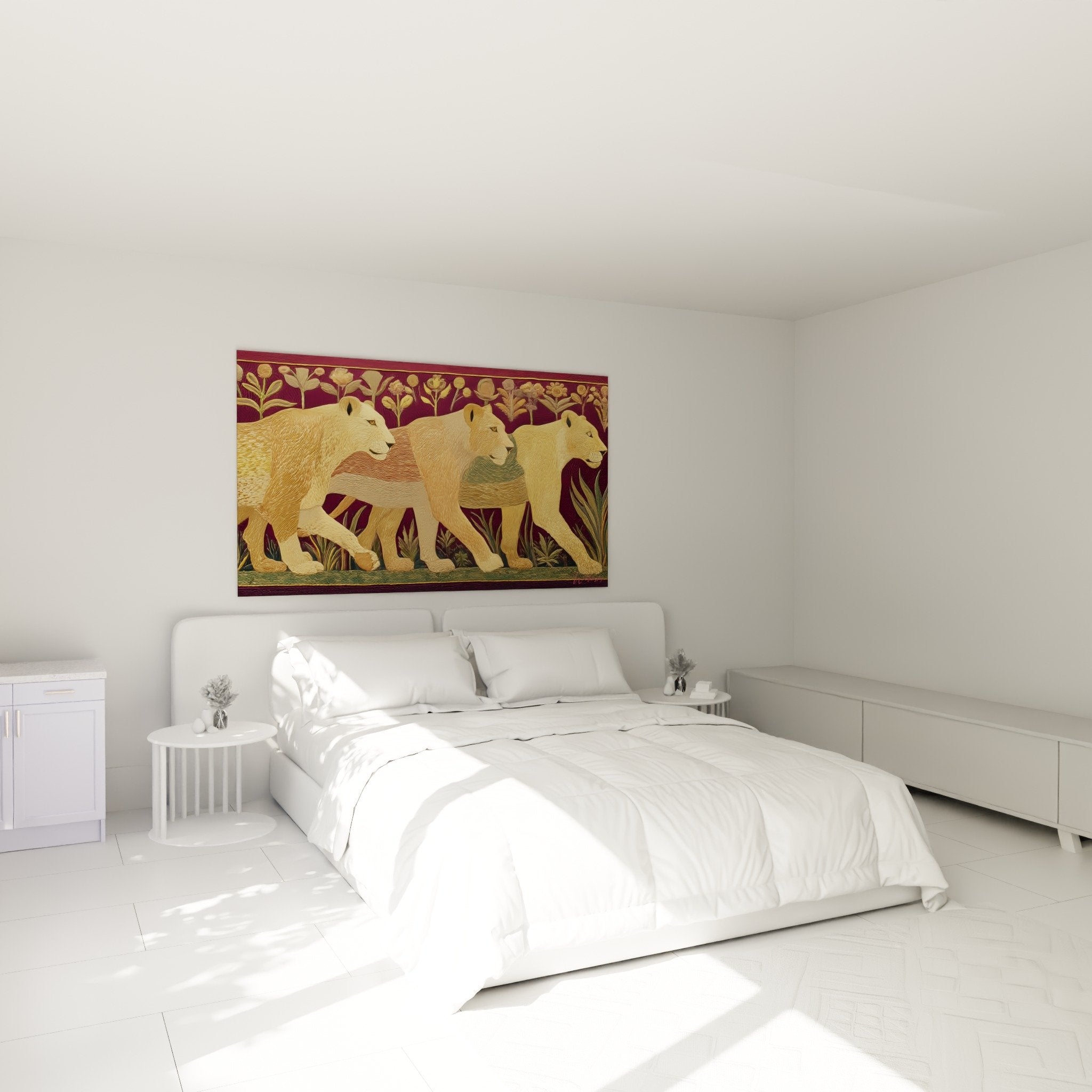Tableau lions dores bordeaux dans chambre decoration murale elegante ambiance chaleureuse