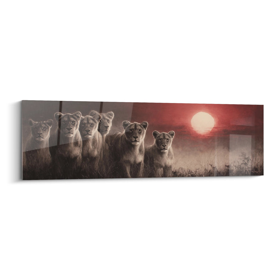 Tableau Lions Lionnes Soleil Couchant Savane Africaine - Majesté Sauvage - Edition Lion