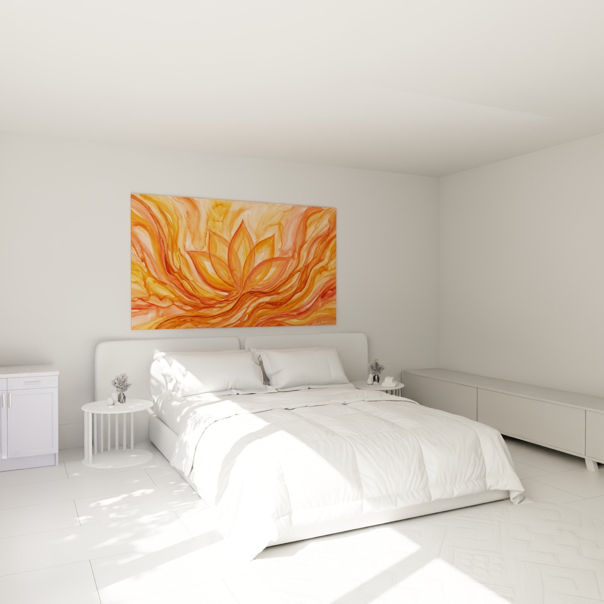 Lotus orange spirituel dans chambre zen, tableau chakras aux tons chauds créant ambiance méditative apaisante