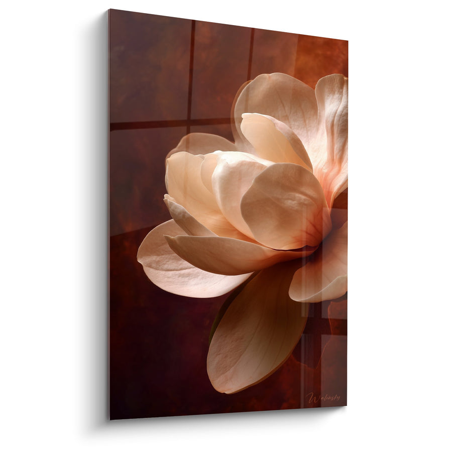 Tableau Magnolia Rose Nacré sur Fond Cuivré - Élégance Florale - Edition Feng shui Sud-Ouest Terre
