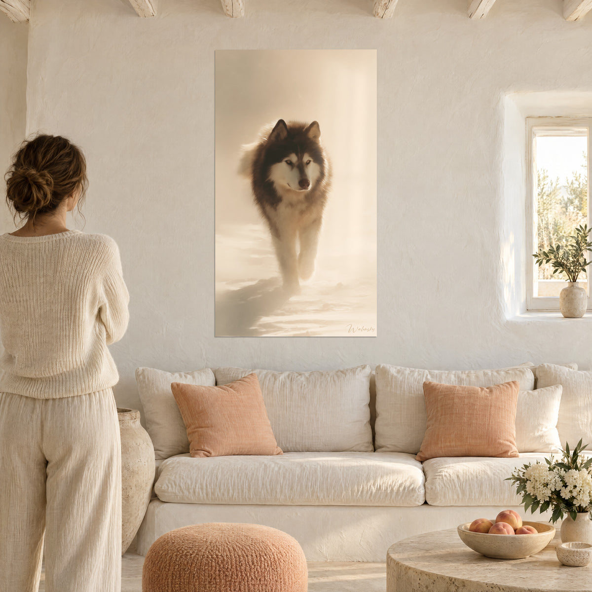 Wall art of an Alaskan Malamute striding through golden mist, chocolate brown and cream coat, woman seen from behind above a sofa in a bright living room