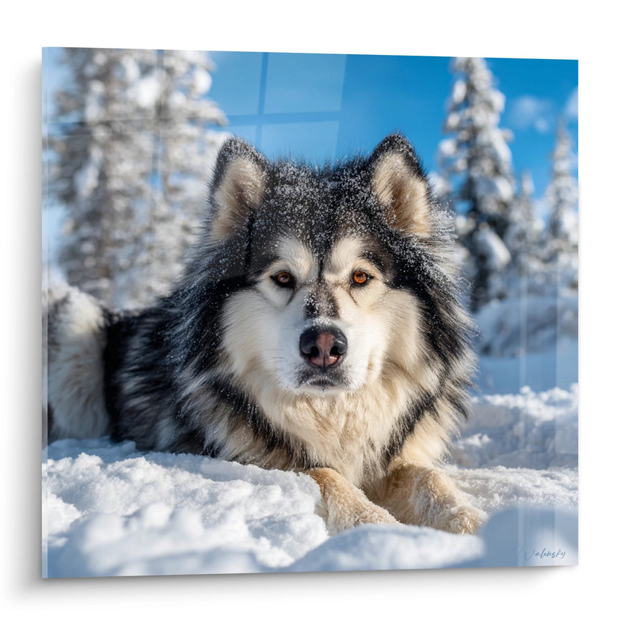 Quadro Cane Nordico con Occhi Ambrati nella Neve - Sguardo Intenso - Edizione Malamute Alaska
