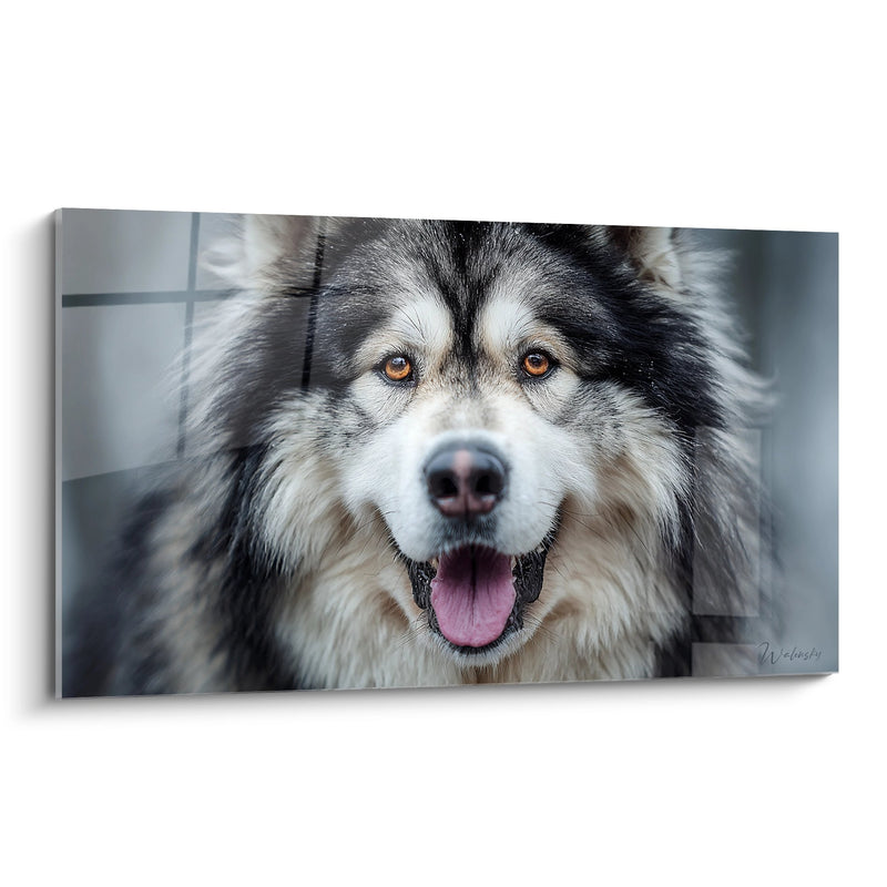 Gemälde Hundeporträt mit Bernsteinaugen und rosa Zunge - Intensiver Blick - Alaskan Malamute Edition