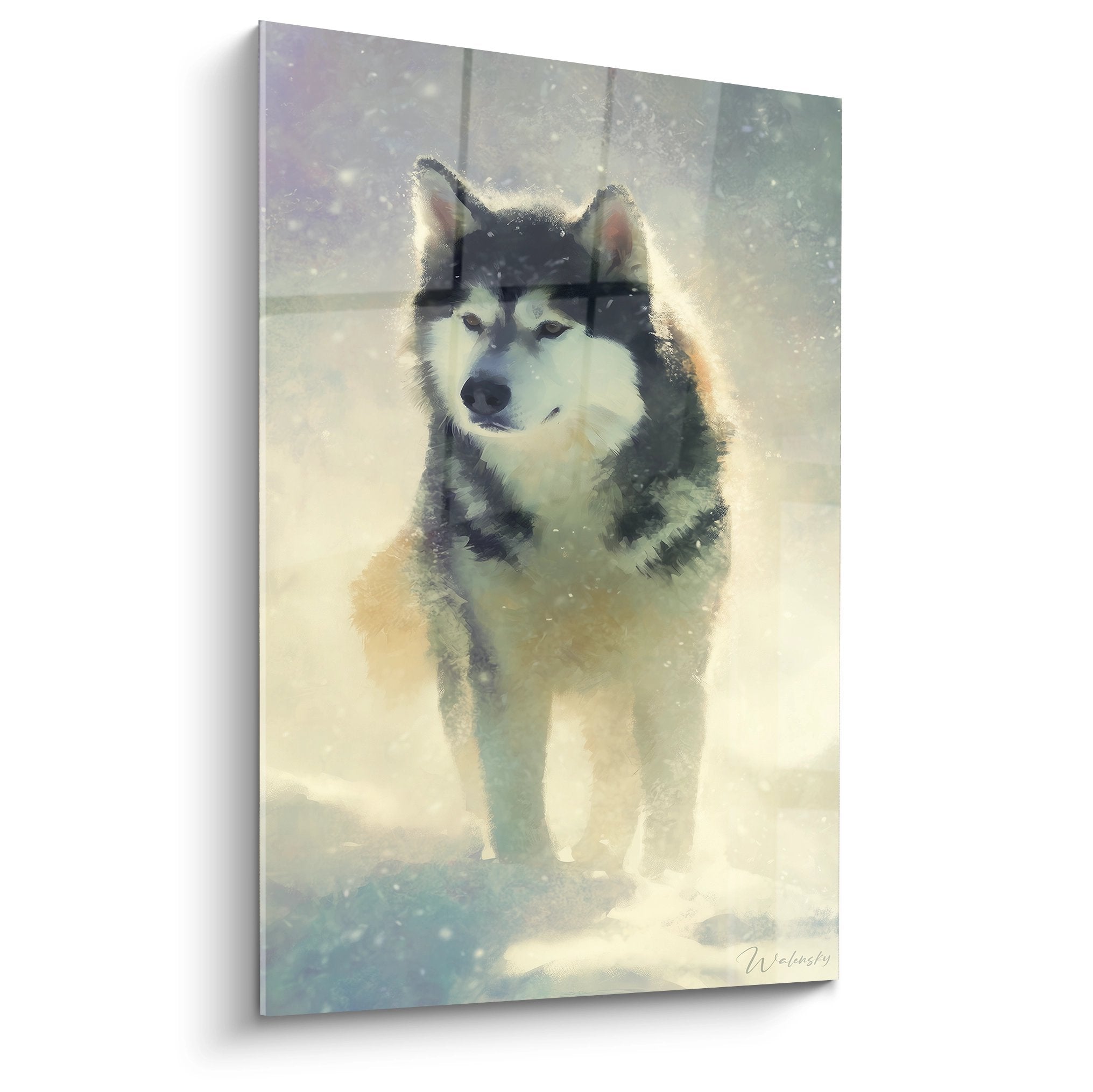 Tableau Malamute Alaska dans tempête de neige avec particules dorées sur fond vaporeux beige et gris