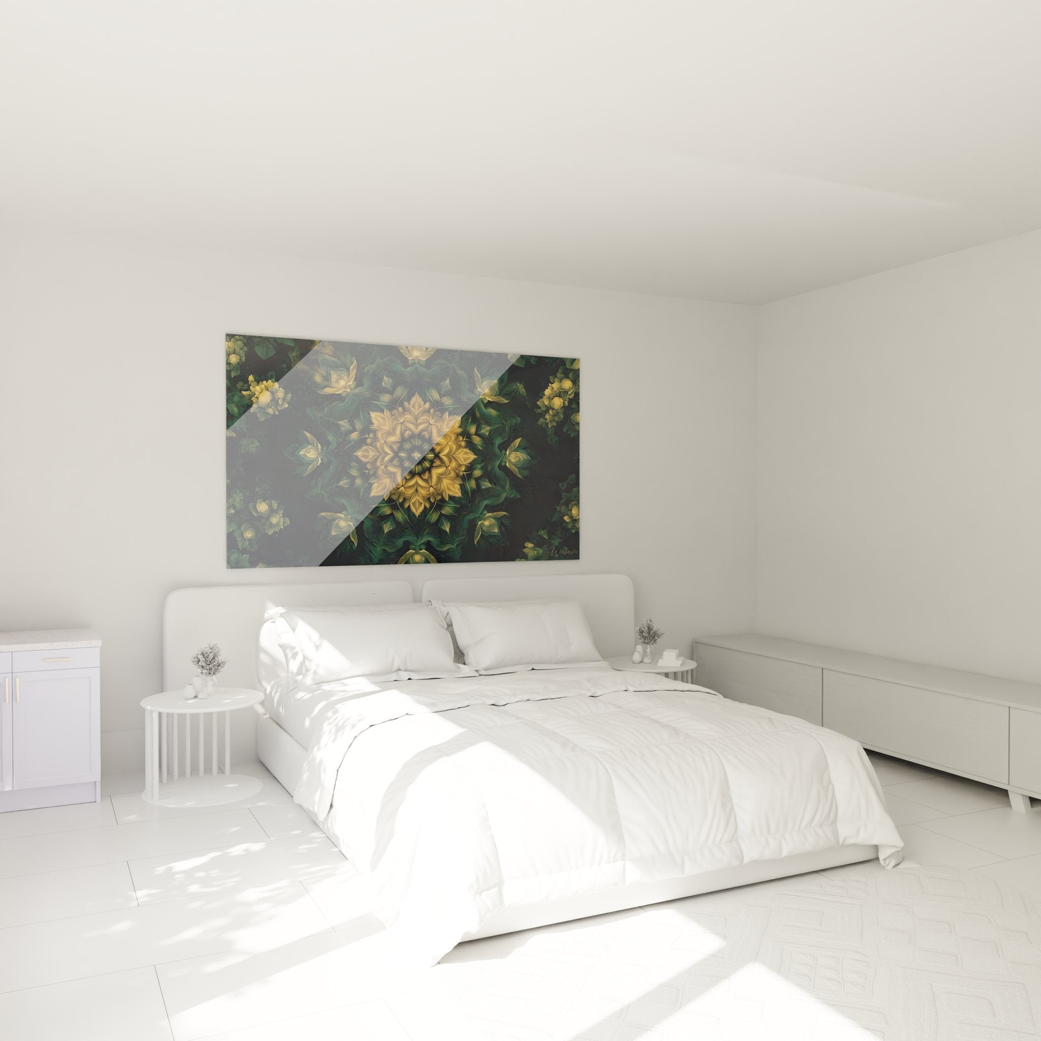Ambiance chambre avec tableau mandala floral doré fractale décorant le mur