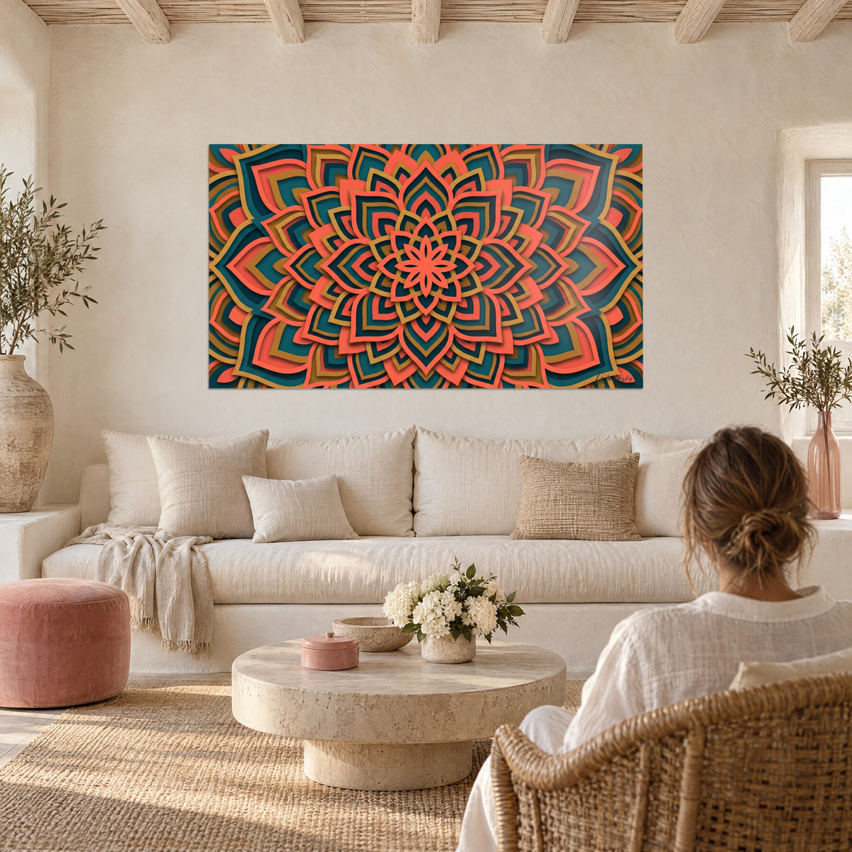 Πίνακας ανάγλυφο floral μάνταλα, κοραλλί και τυρκουάζ πέταλα, πάνω από καναπέ σε φωτεινό σαλόνι