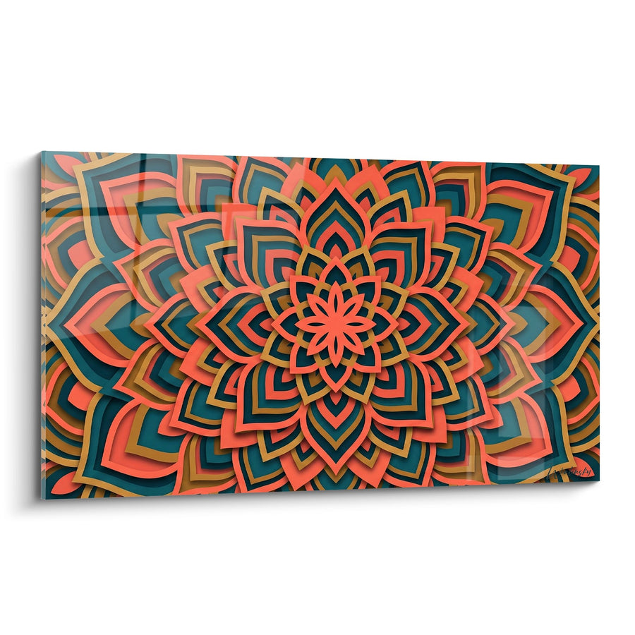 Tableau Mandala Floral Corail et Turquoise en Relief - Symphonie Végétale - Edition Mandala