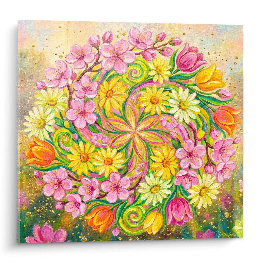 Tableau Mandala Floral Rose et Jaune aux Volutes Colorées - Jardin Enchanteur - Edition Mandala