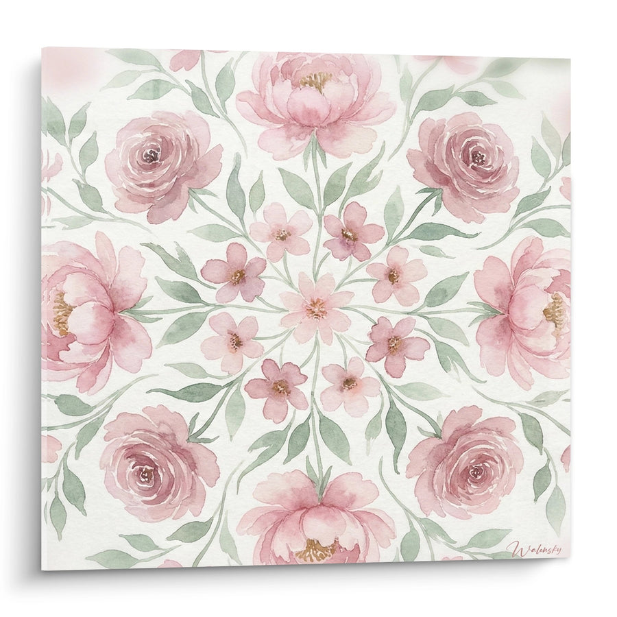 Tableau Motif Circulaire Floral Rose Poudré et Vert Sage - Douceur Symphonique - Edition Mandala