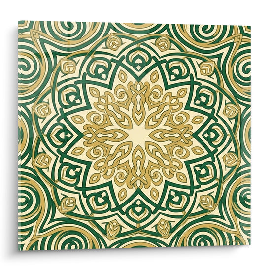 Tableau mandala geometrique vert emeraude et dore aux motifs entrelaces symetriques sur fond creme