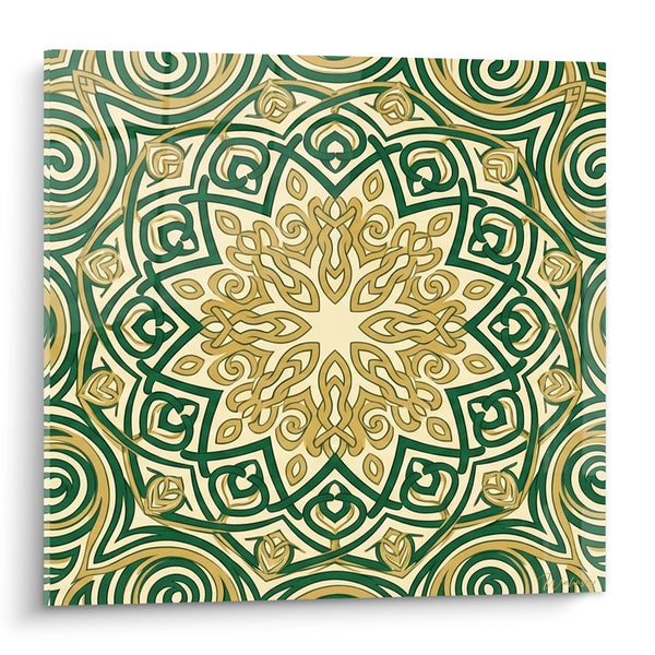 Cuadro Mandala Geométrico Verde y Dorado con Motivos Entrelazados - Armonía Sagrada - Edición Mandala