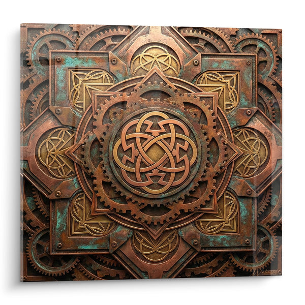 Cuadro Mandala Cobre y Bronce con Motivos Mecánicos Entrelazados - Alquimia Industrial - Edición Mandala