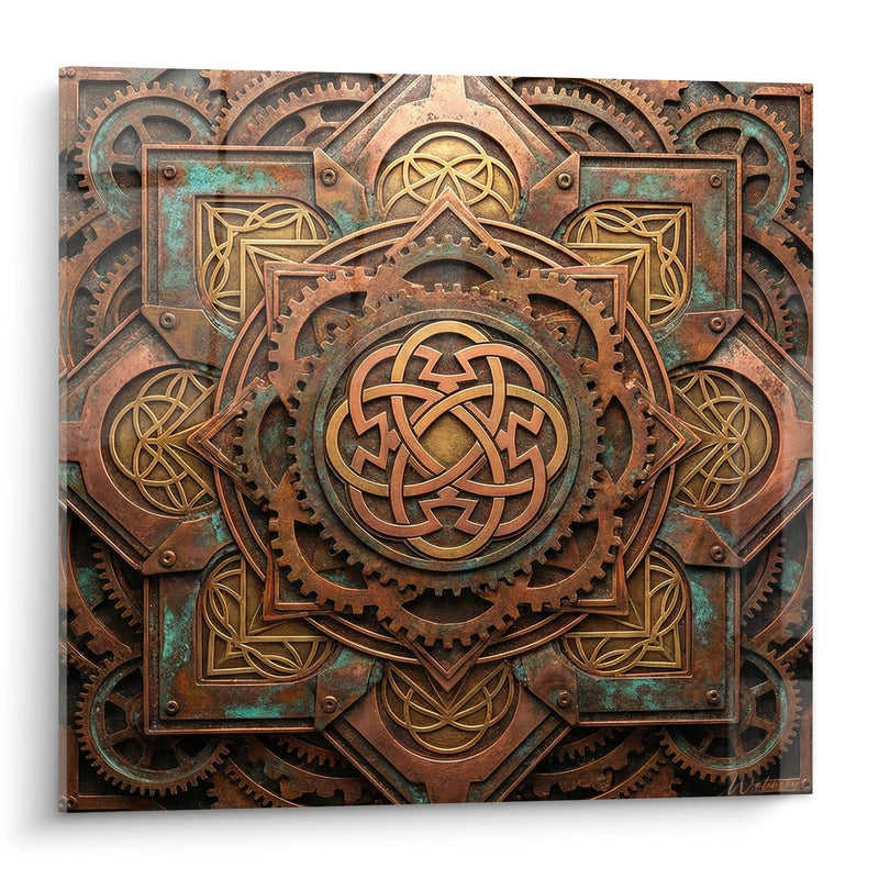 Quadro Mandala Rame e Bronzo con Motivi Meccanici Intrecciati - Alchimia Industriale - Edizione Mandala