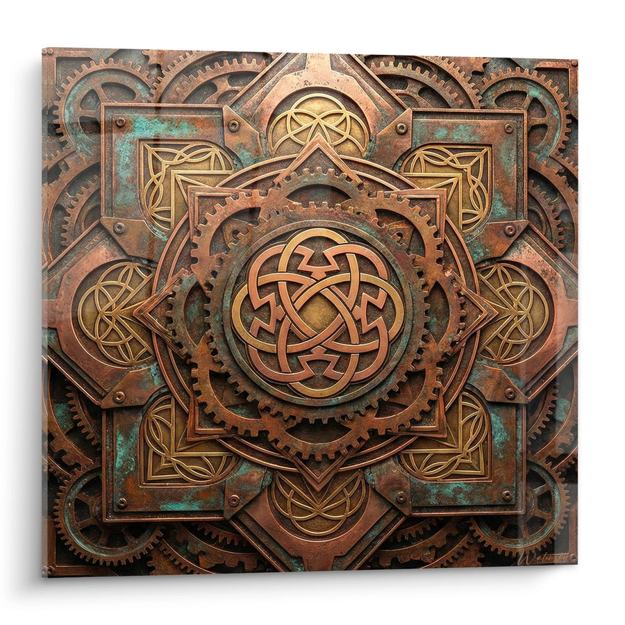 Tableau Mandala Cuivre et Bronze aux Motifs Mécaniques Entrelacés - Alchimie Industrielle - Edition Mandala