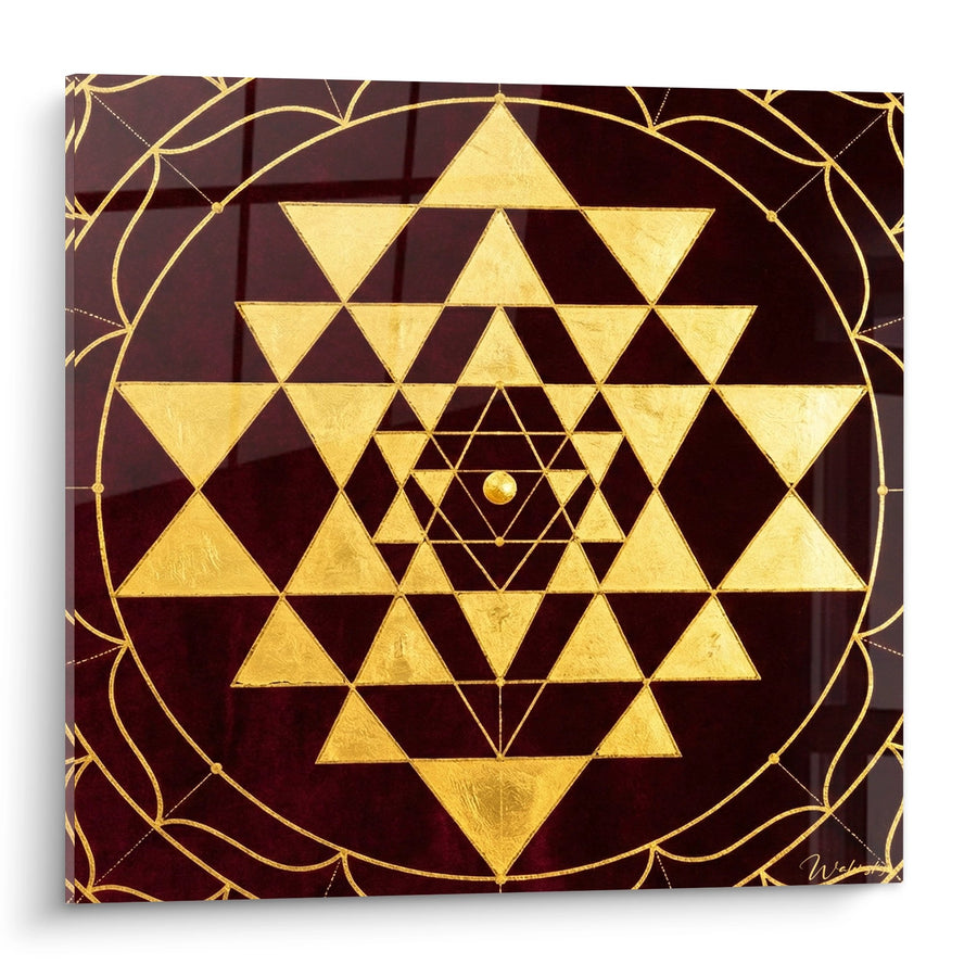 Tableau Géométrique Doré sur Fond Bordeaux - Yantra Sacré - Edition Mandala