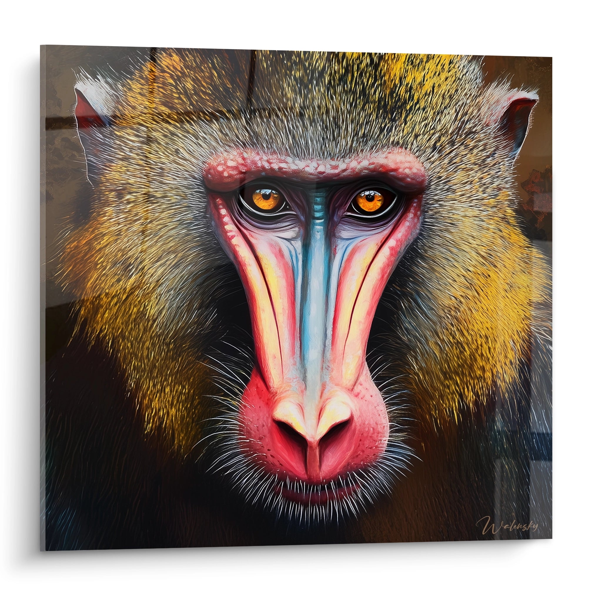 Tableau singe Walensky portrait coloré de babouin aux yeux orange sur fond foncé