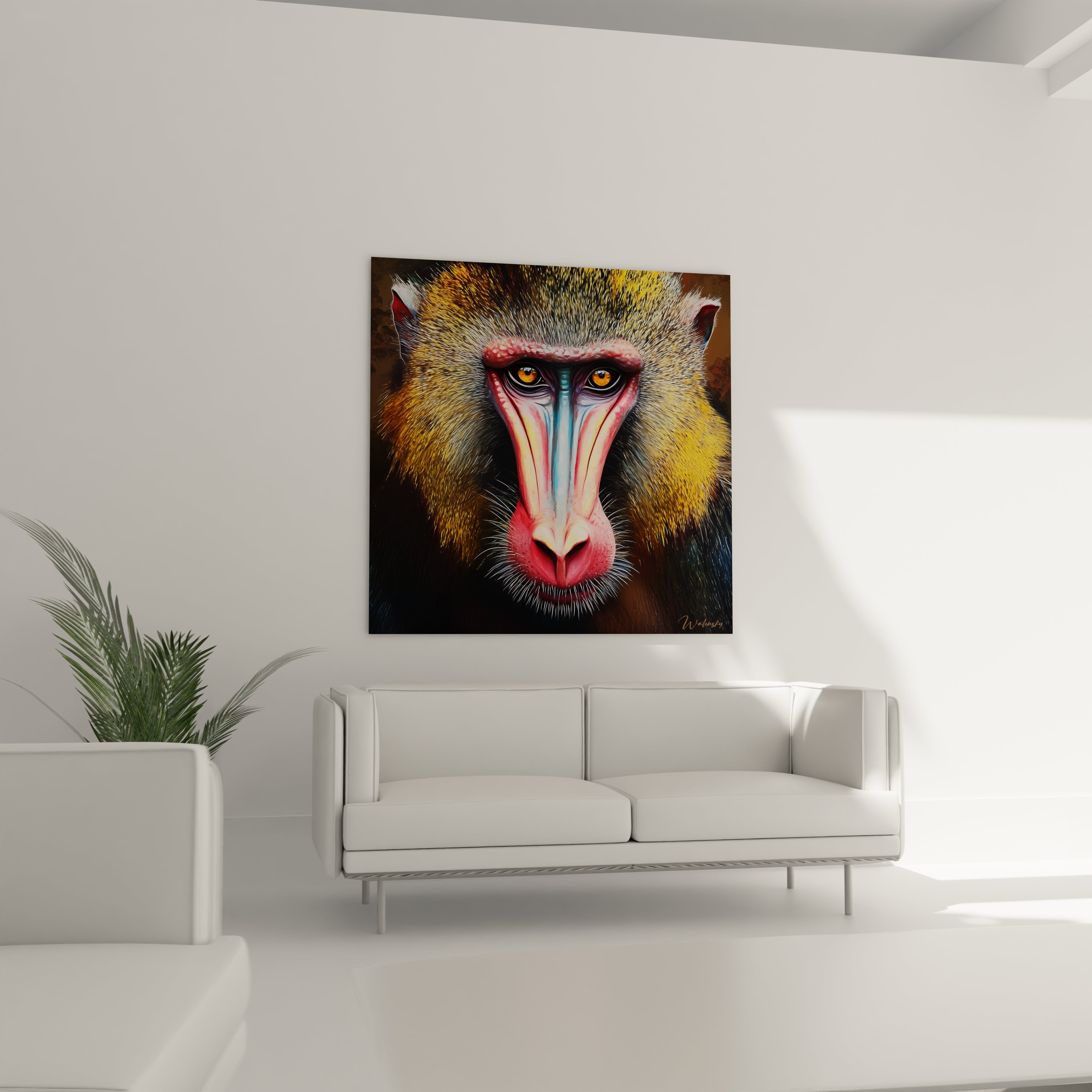 Tableau singe coloré Walensky accroché au-dessus d'un canapé blanc dans un salon moderne