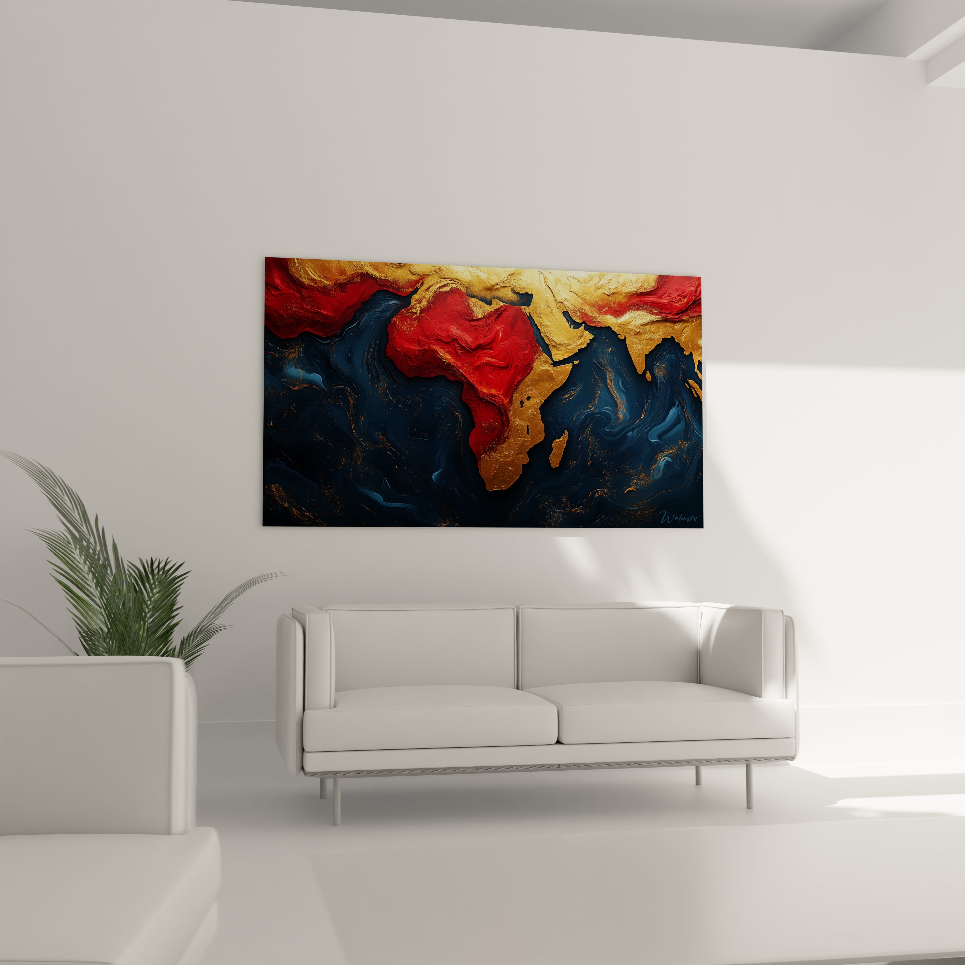 Tableau africain mural Walensky aux couleurs chaudes rouge, or et bleu accroché dans un salon moderne blanc