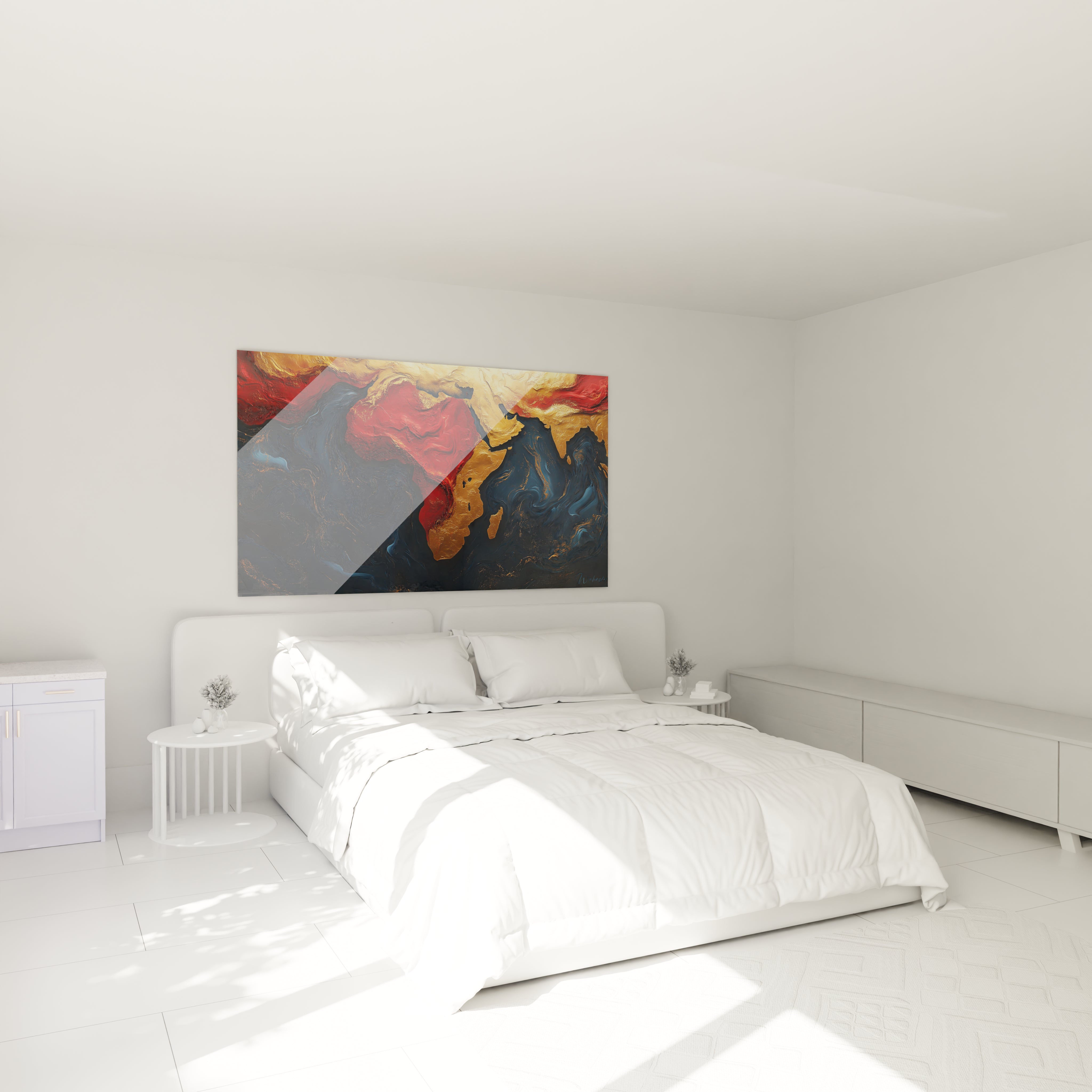 Tableau africain mural Walensky aux couleurs chaudes accroché dans une chambre lumineuse et moderne
