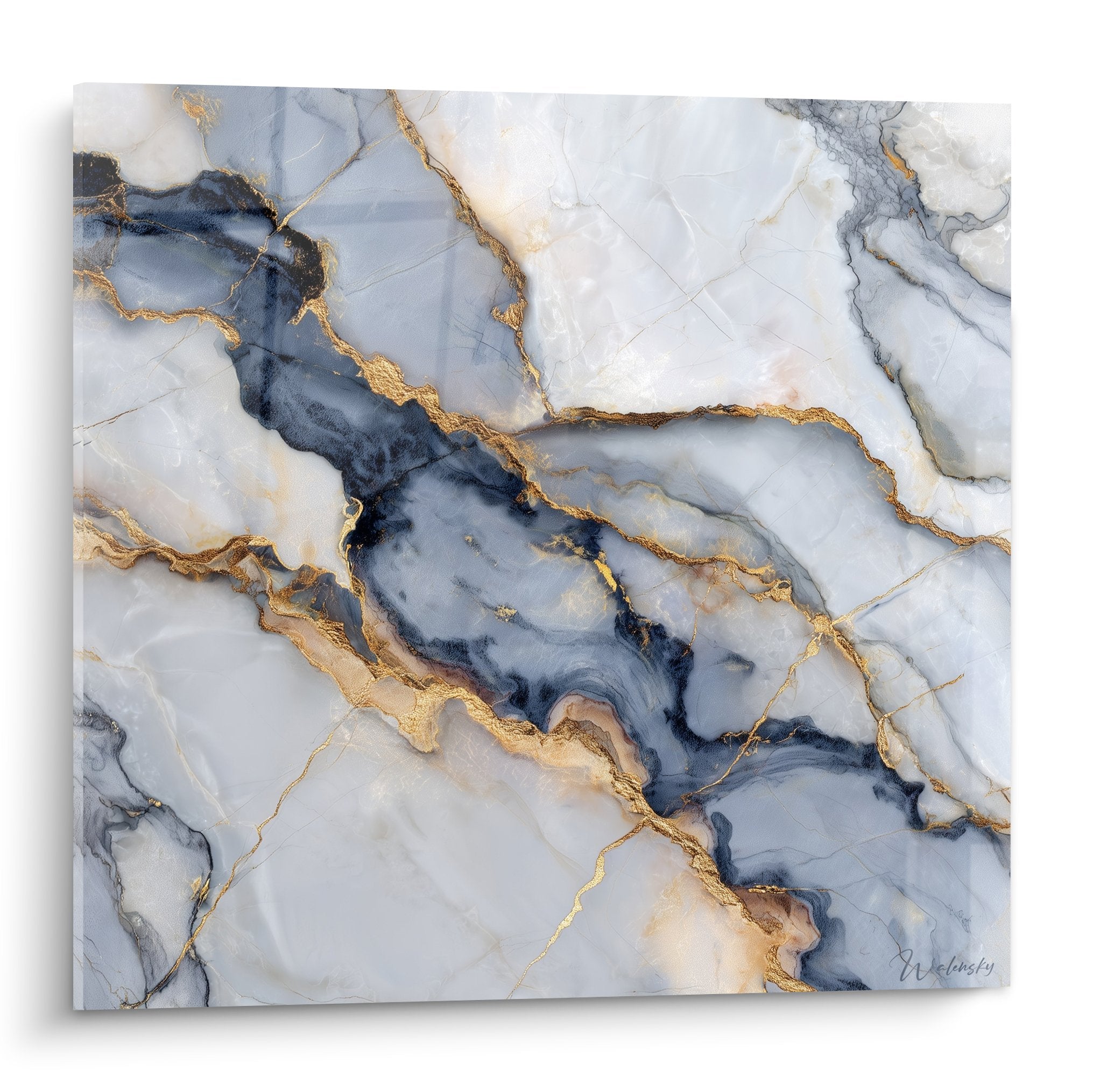 Abstract marble painting with golden veins winding across slate blue and pearlescent white background