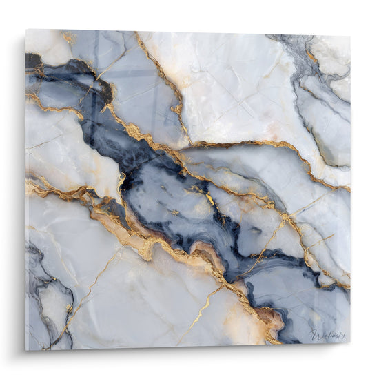 Tableau marbre abstrait aux veines dorées serpentant sur fond bleu ardoise et blanc nacré