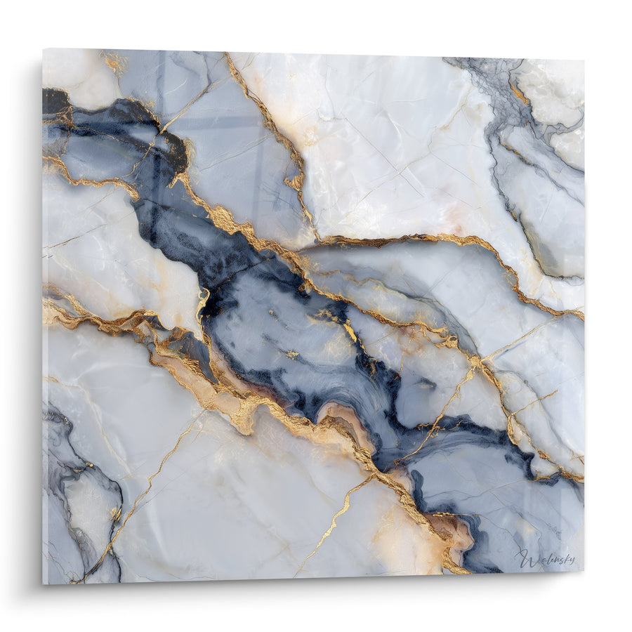 Tableau marbre bleu et blanc avec veines dorées sinueuses - Élégance minérale - Edition Marbre abstrait