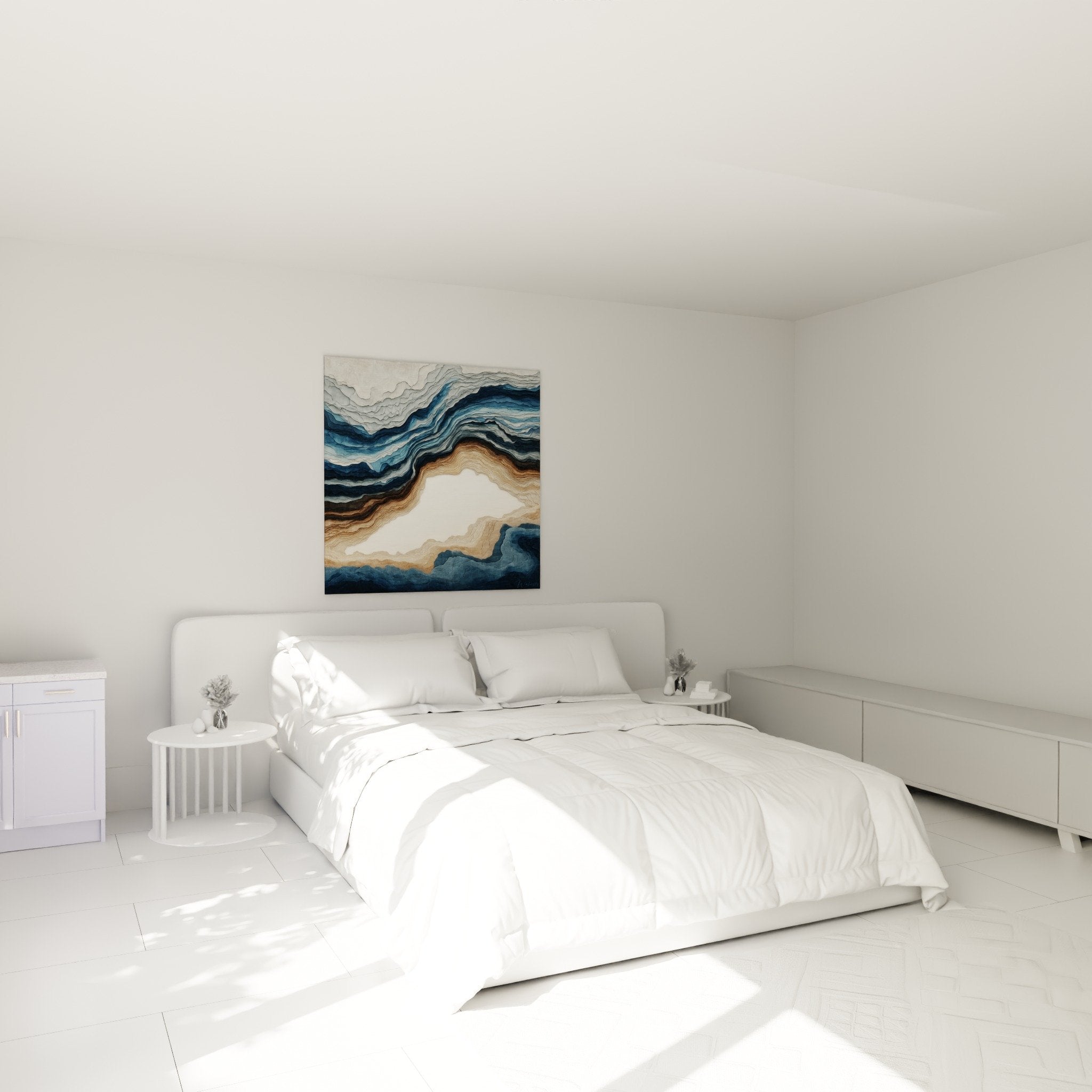 Tableau marbre abstrait bleu marine dans chambre moderne, décoration murale élégante tons naturels