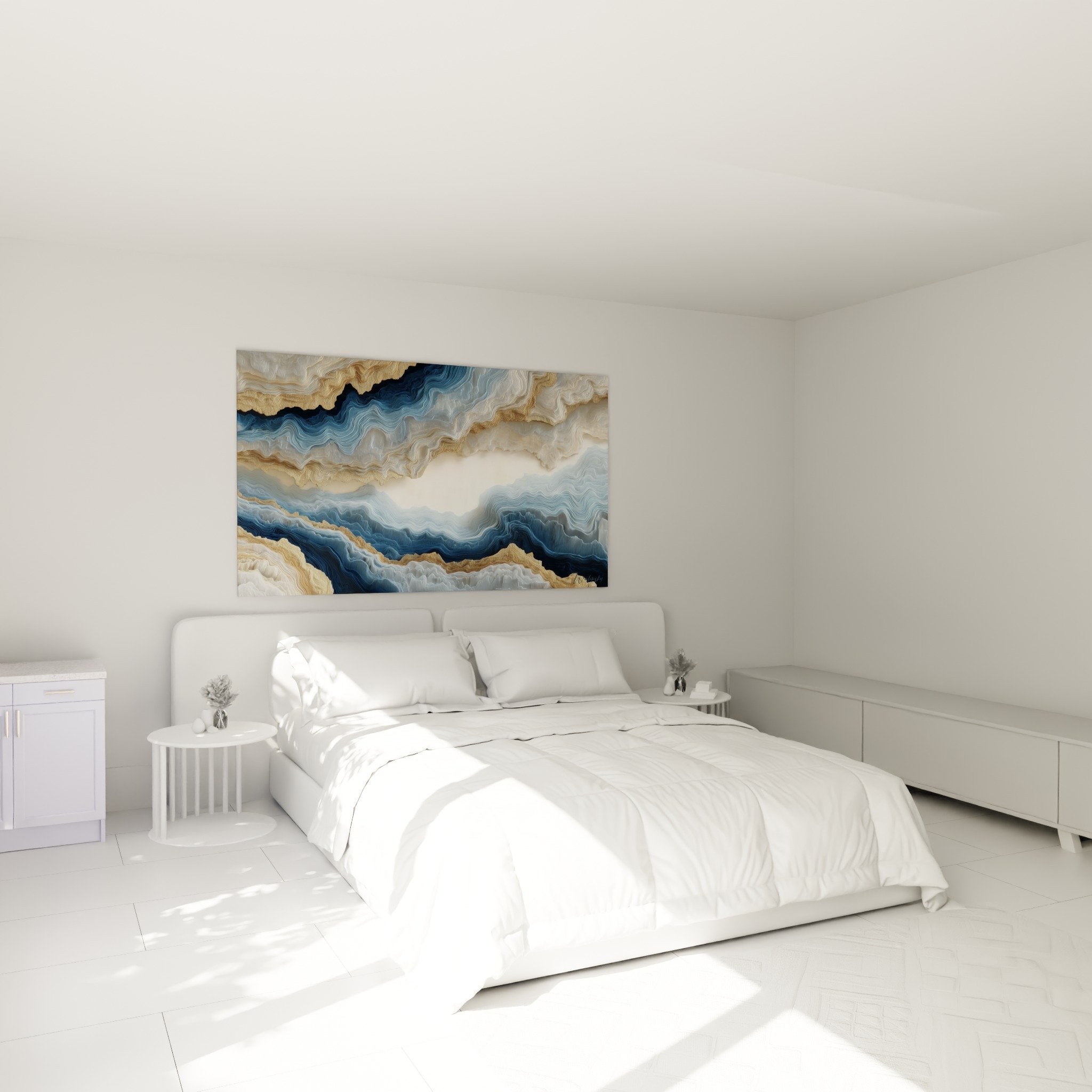 abstraktes marmor-wandbild blau-gold im modernen schlafzimmer elegante wanddekoration beruhigende atmosphäre