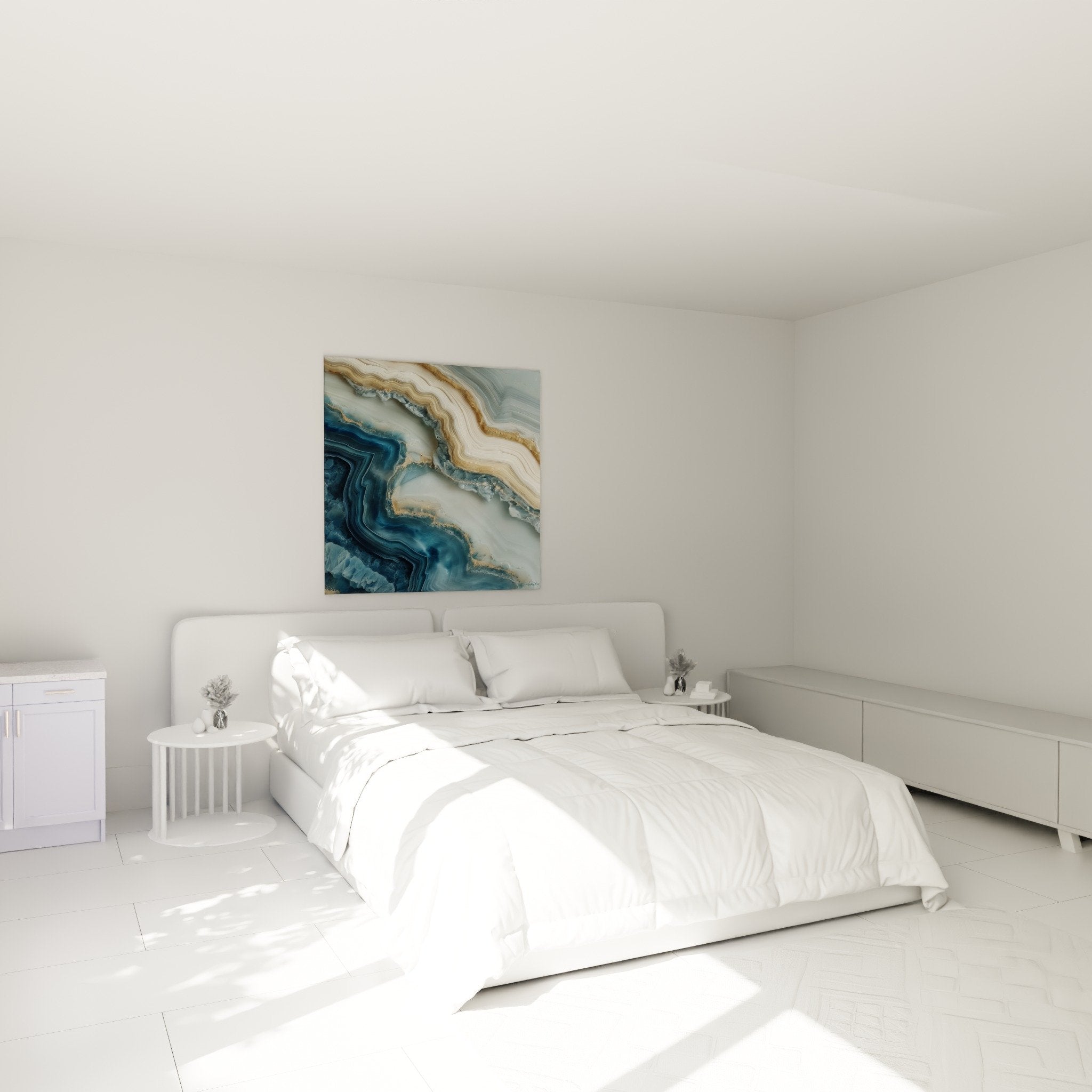 Tableau marbre abstrait bleu or dans chambre moderne ambiance sereine decoration murale apaisante