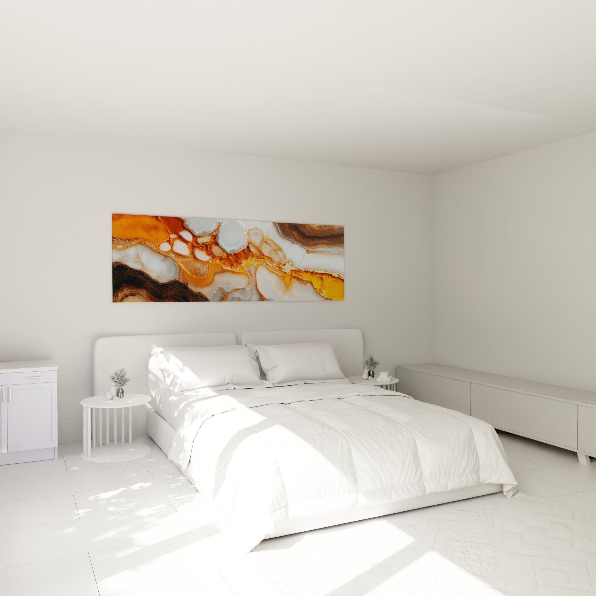 Schlafzimmer Deko abstraktes Marmor Gemälde mit fließenden Formen in Orange Grau über dem Bett für moderne warme Atmosphäre