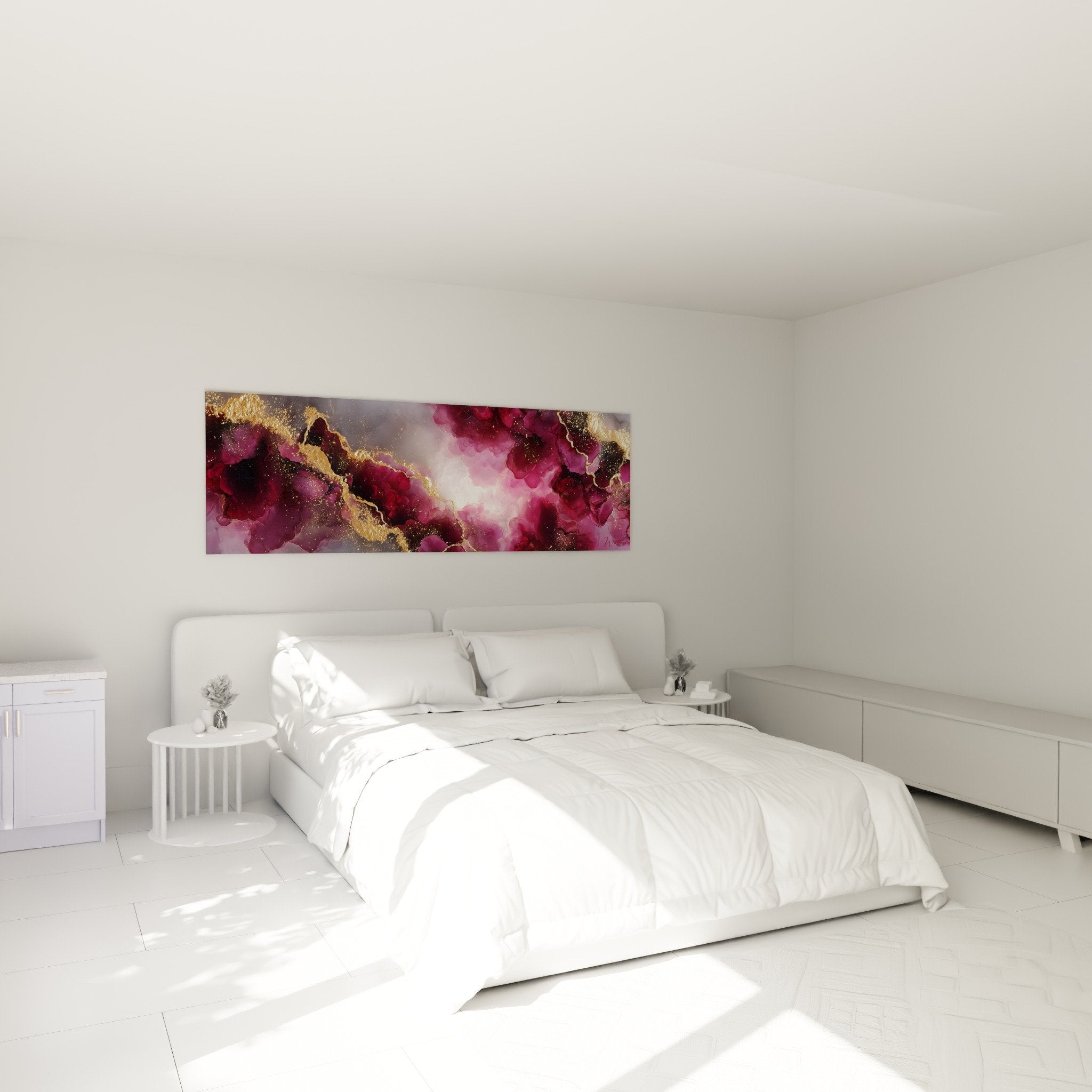 abstraktes Marmortableau in Violett und Gold im modernen Schlafzimmer, Wohlfühl-Atmosphäre Wanddekoration