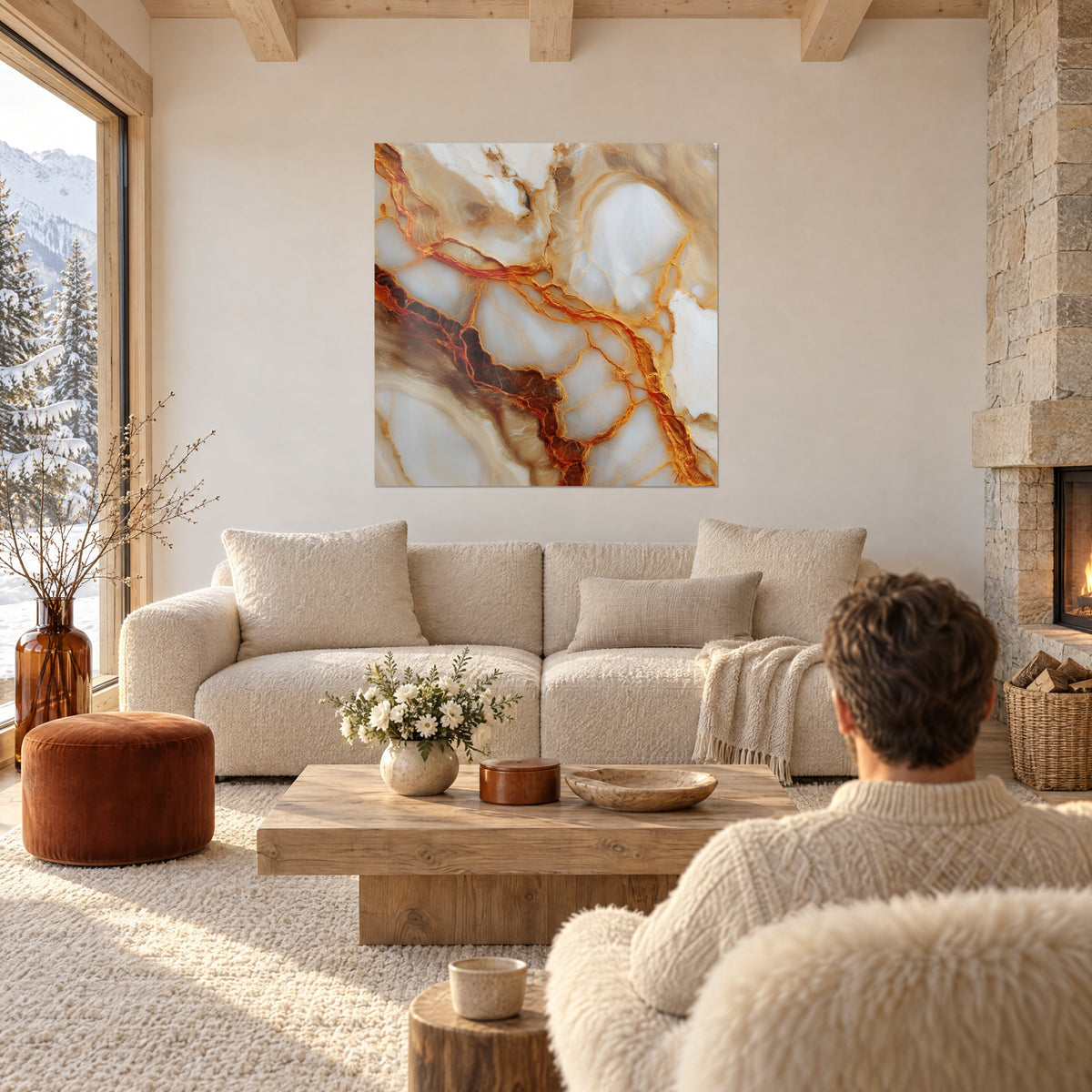 Wall art in marble veined with gold and copper on a mother-of-pearl background, two people seen from behind above a sofa in a bright living room