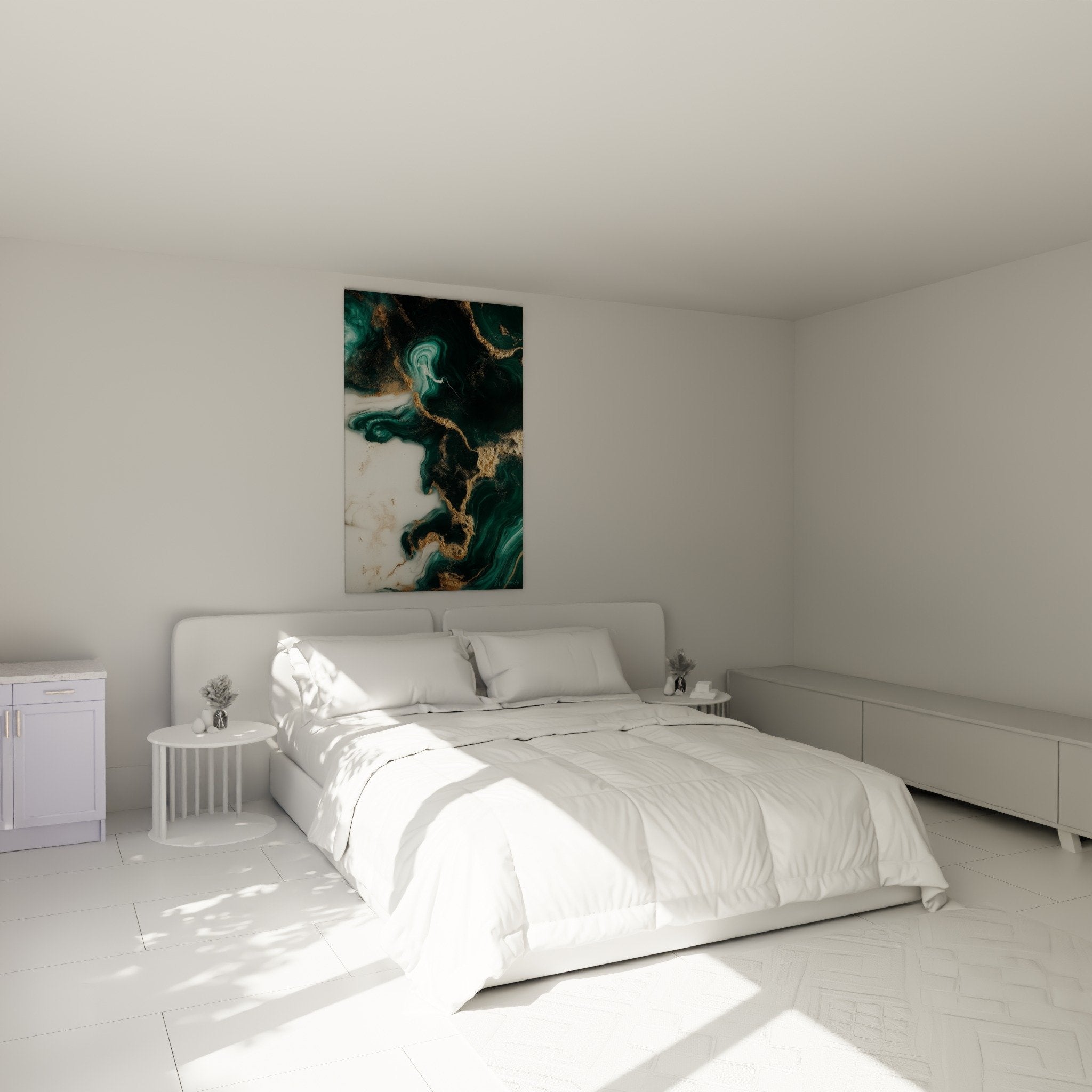 tableau marbre abstrait emeraude or ambiance chambre decoration murale elegante moderne contemporaine