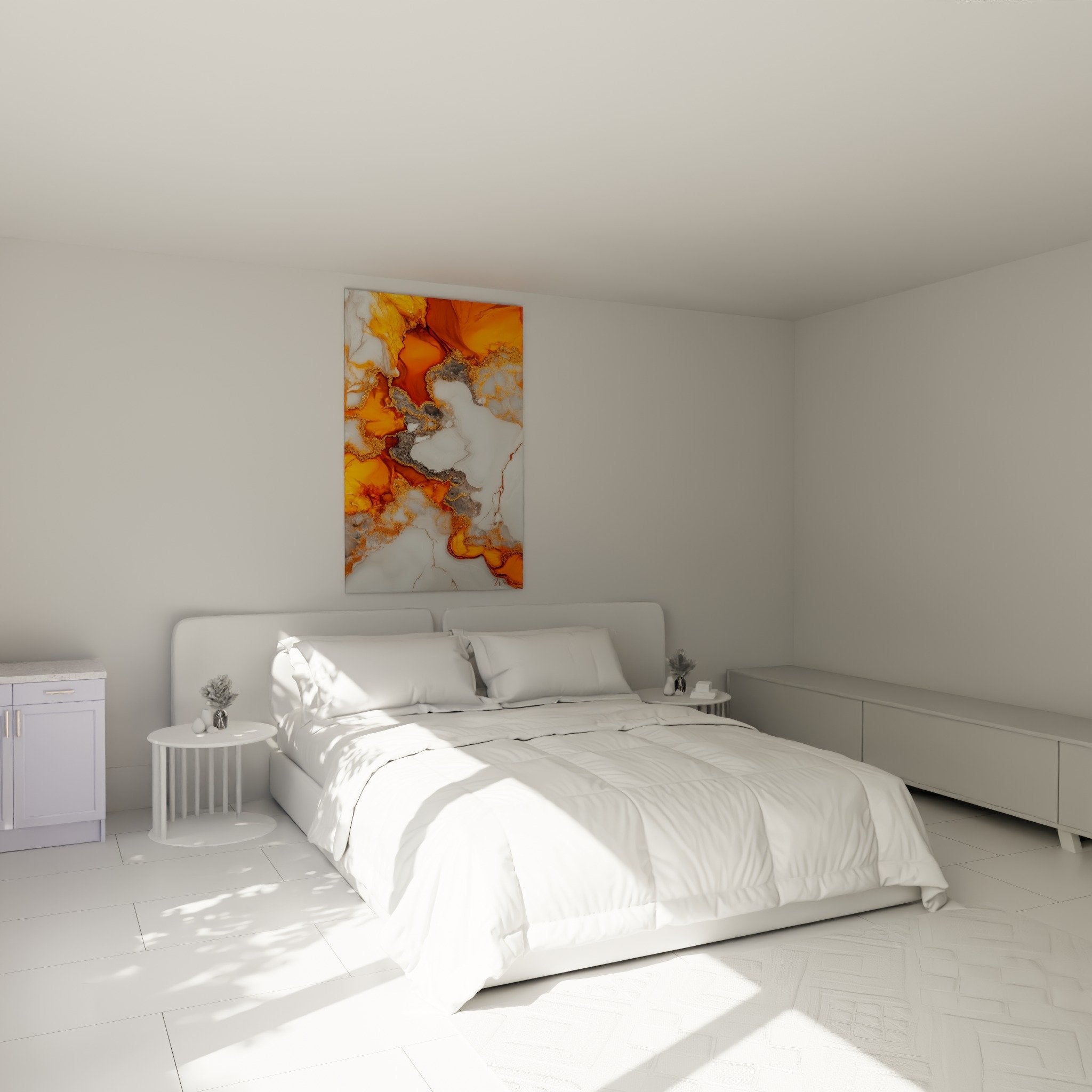 Tableau marbre abstrait orange dore au dessus lit chambre moderne decoration murale elegante contemporaine