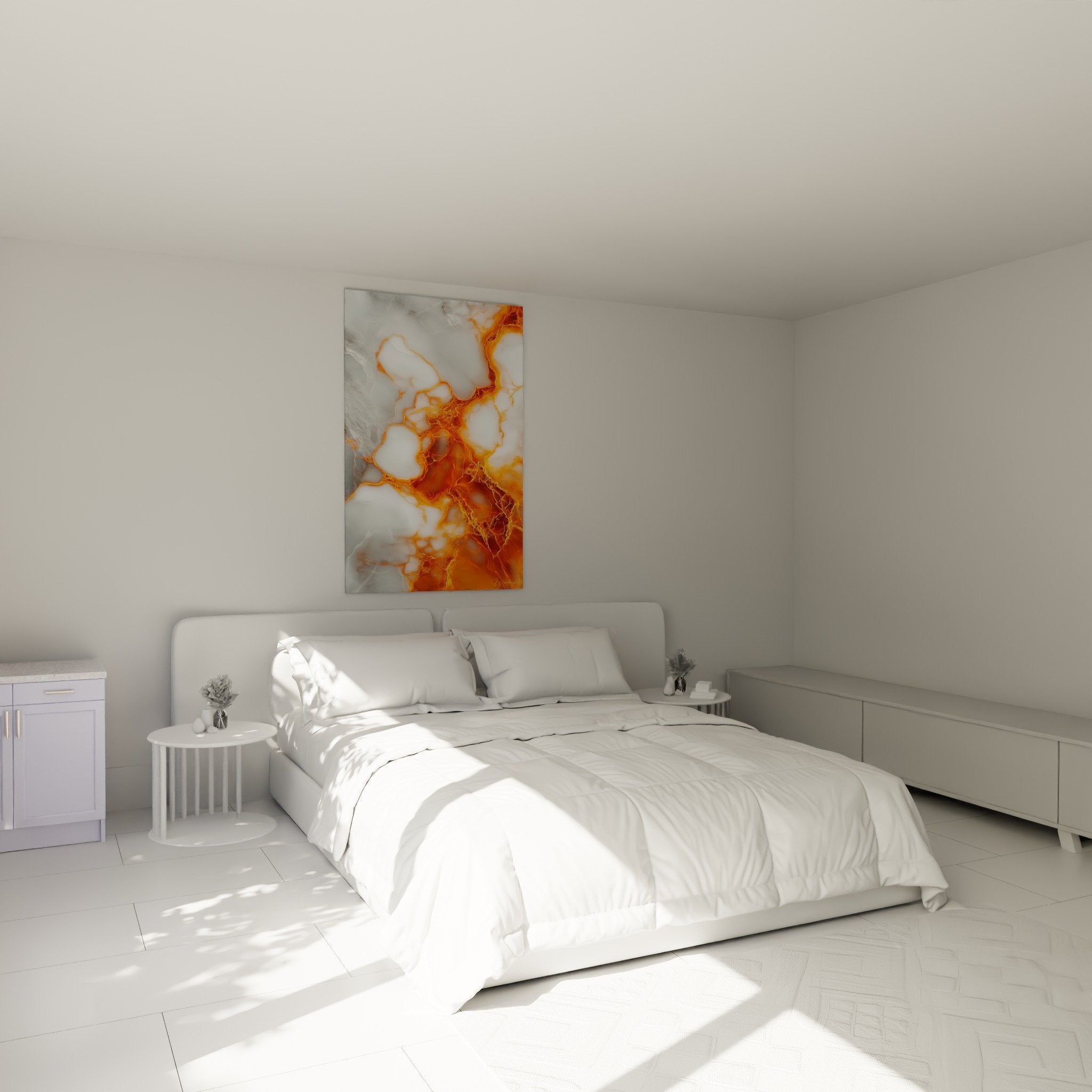 Abstract orange marble wall decoration in modern bedroom, warm and contemporary ambiance