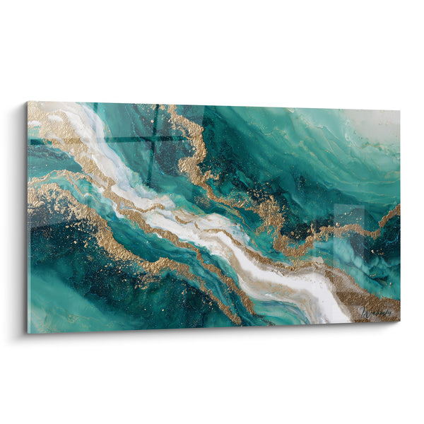 Turquoise and Gold Flow Canvas with Fluid Golden Veins - Precious Ocean - Abstract Marble Edition