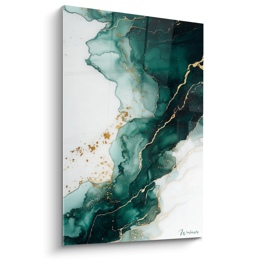 Tableau marbre abstrait turquoise et veines dorées sur fond blanc - Élégance minérale - Edition Marbre abstrait