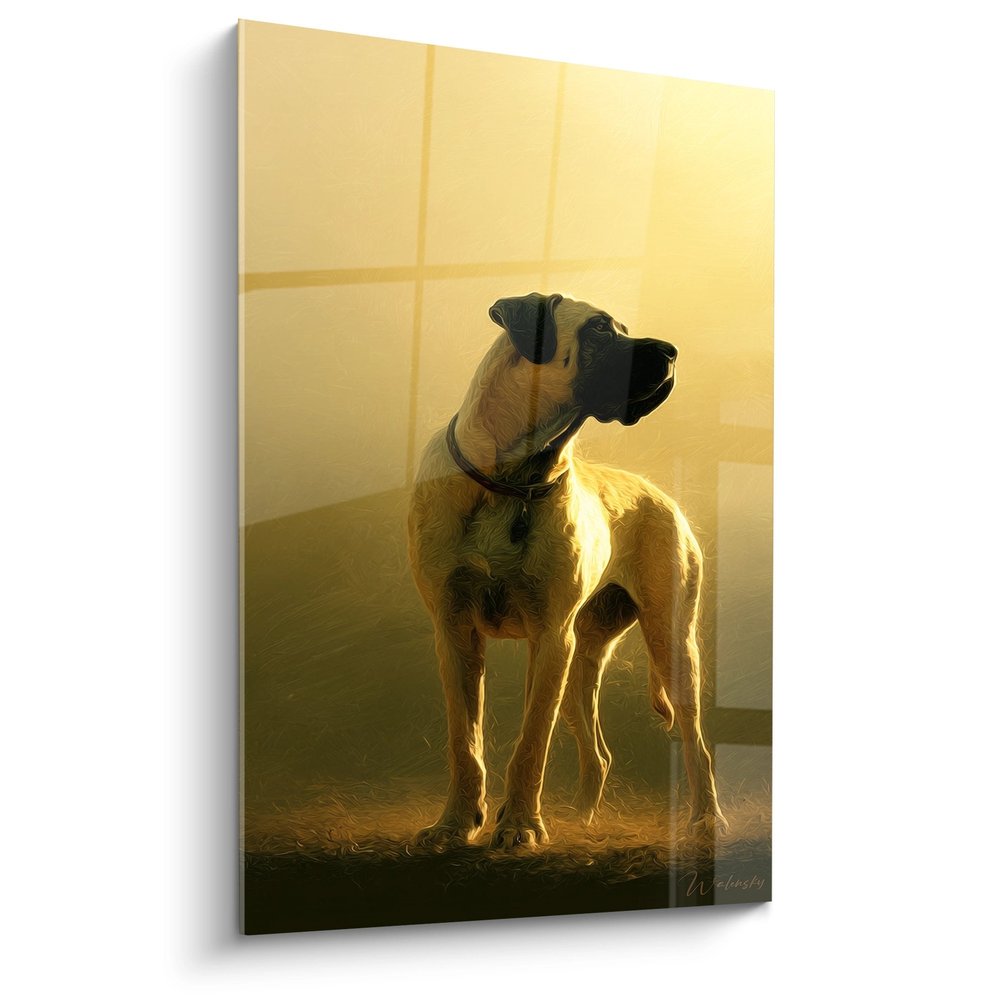 Mastiff Anglais baigné de lumière dorée dans une pose contemplative sur fond ambré chaleureux