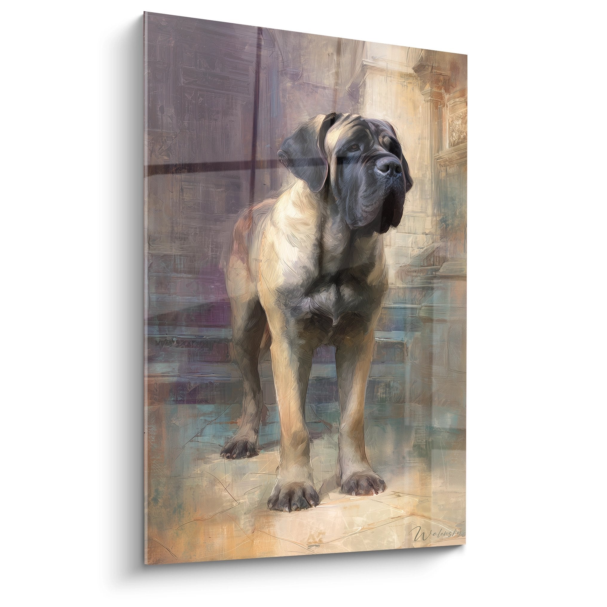 Portrait artistique Mastiff Anglais devant colonnade antique tons dores ocres decoration murale chien noble