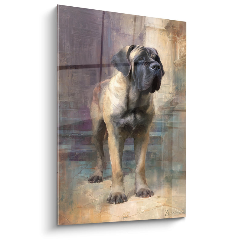 Tableau Portrait Mastiff Majestueux sur Colonnade Antique - Noblesse Architecturale - Edition Mastiff Anglais