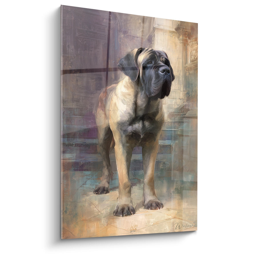 Tableau Portrait Mastiff Majestueux sur Colonnade Antique - Noblesse Architecturale - Edition Mastiff Anglais