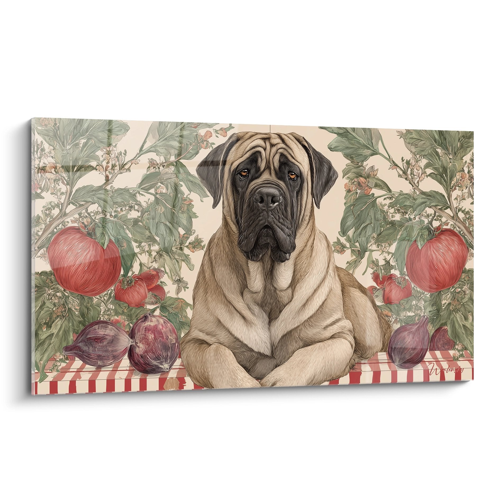 Portrait de Mastiff Anglais entouré de plants de tomates rouges et violettes sur nappe à carreaux