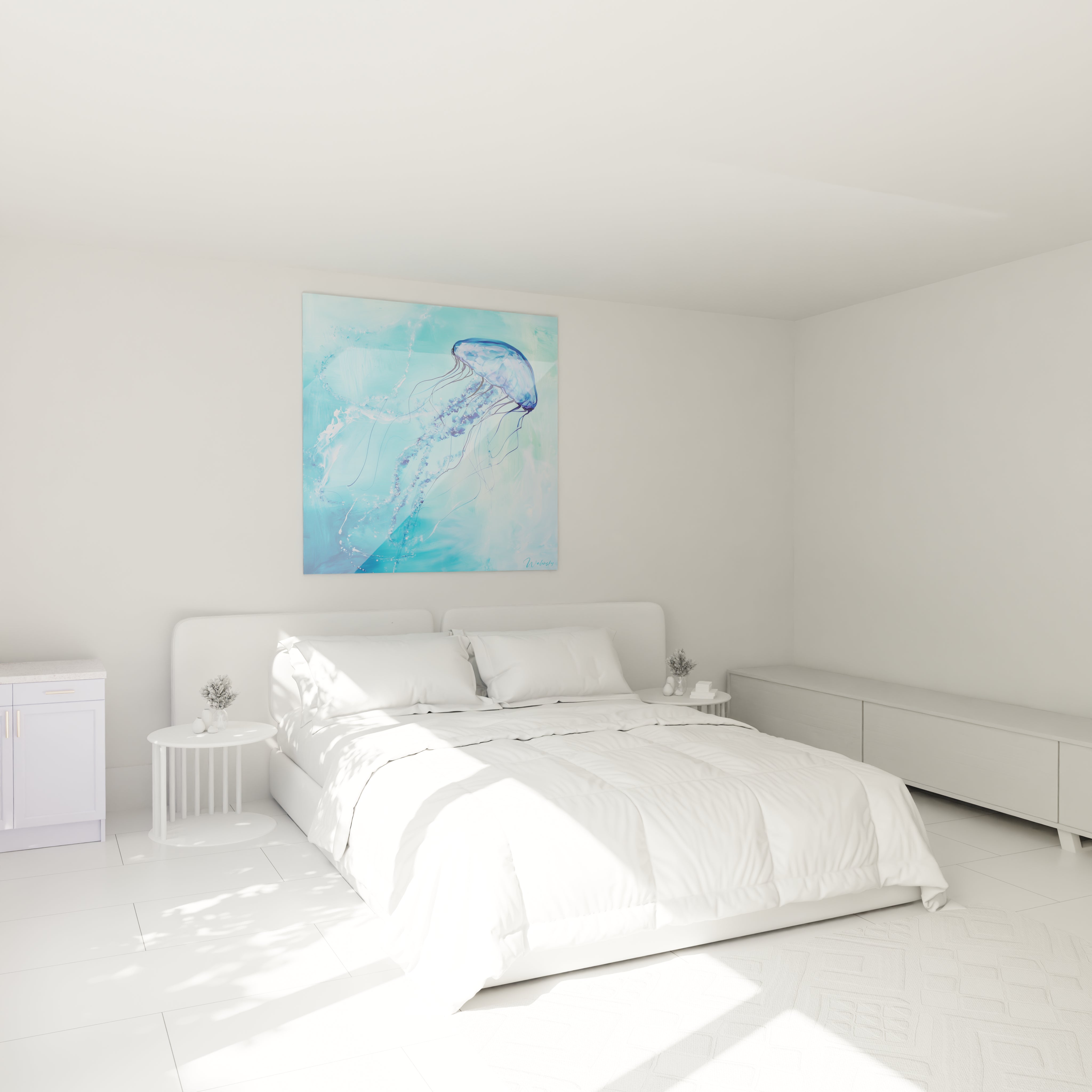 Tableau méduse Walensky bleu suspendu dans une chambre blanche lumineuse avec lit double et mobilier minimaliste