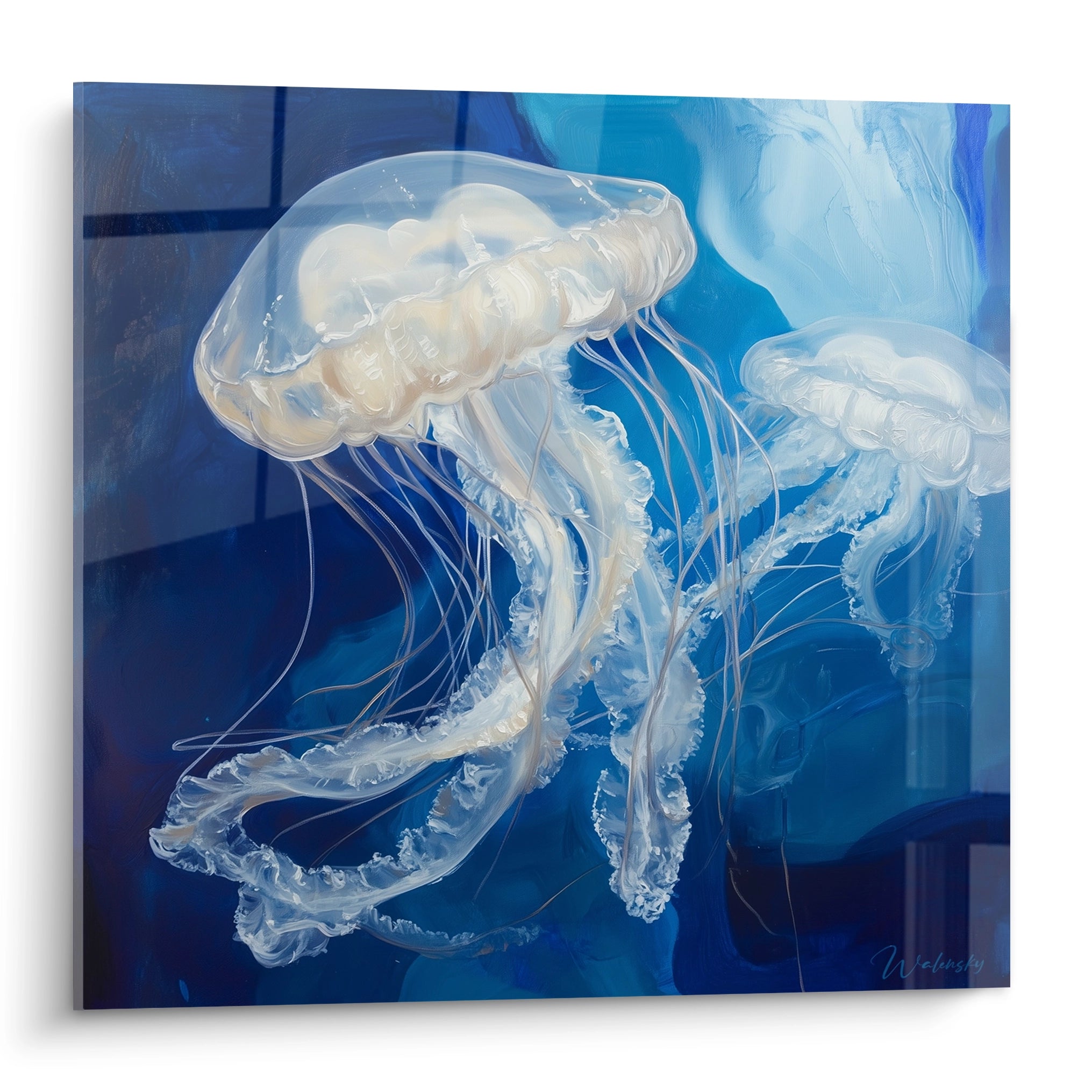 Tableau méduse Walensky représentant deux méduses translucides dans un décor marin bleu
