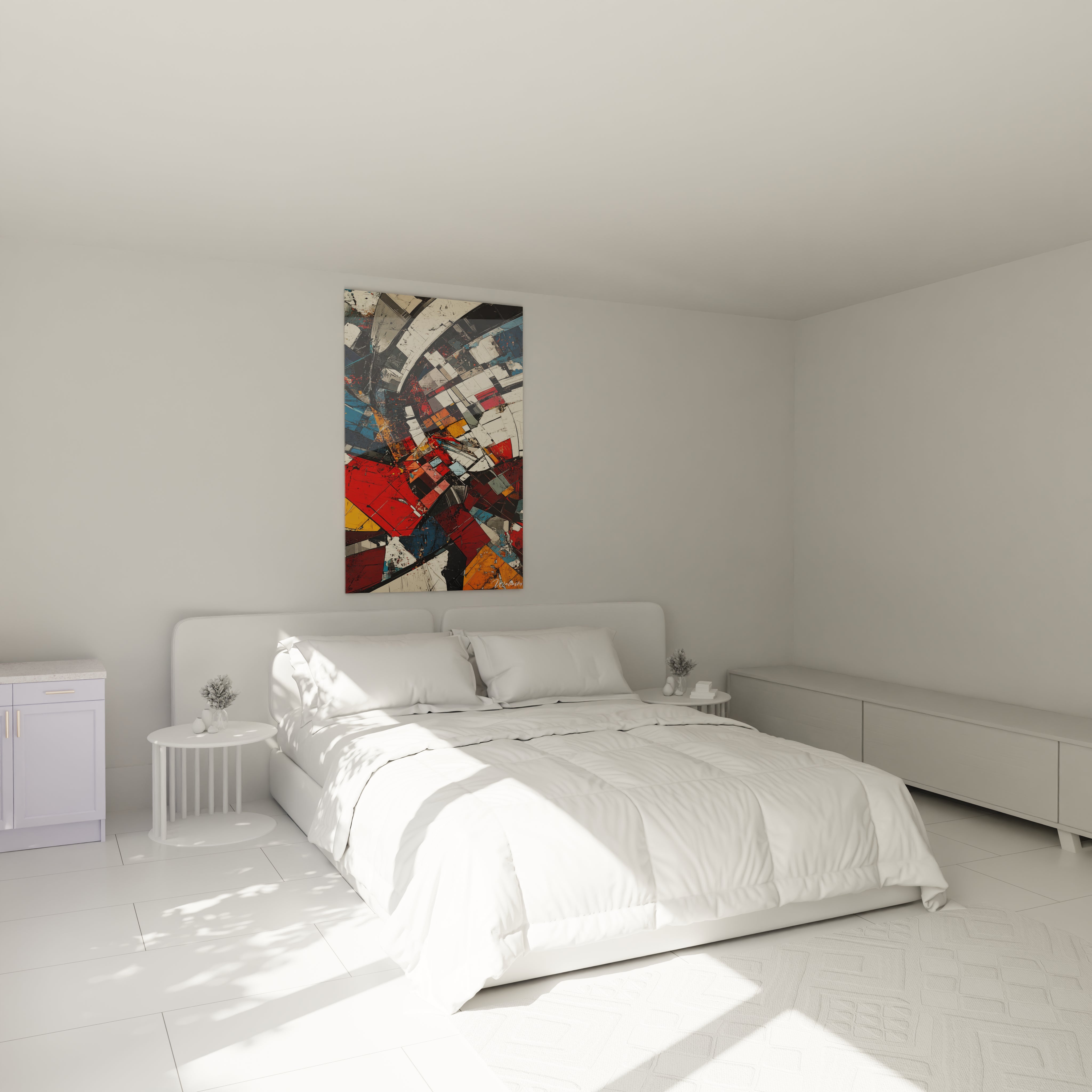 Tableau géométrique abstrait Walensky suspendu dans une chambre moderne et lumineuse