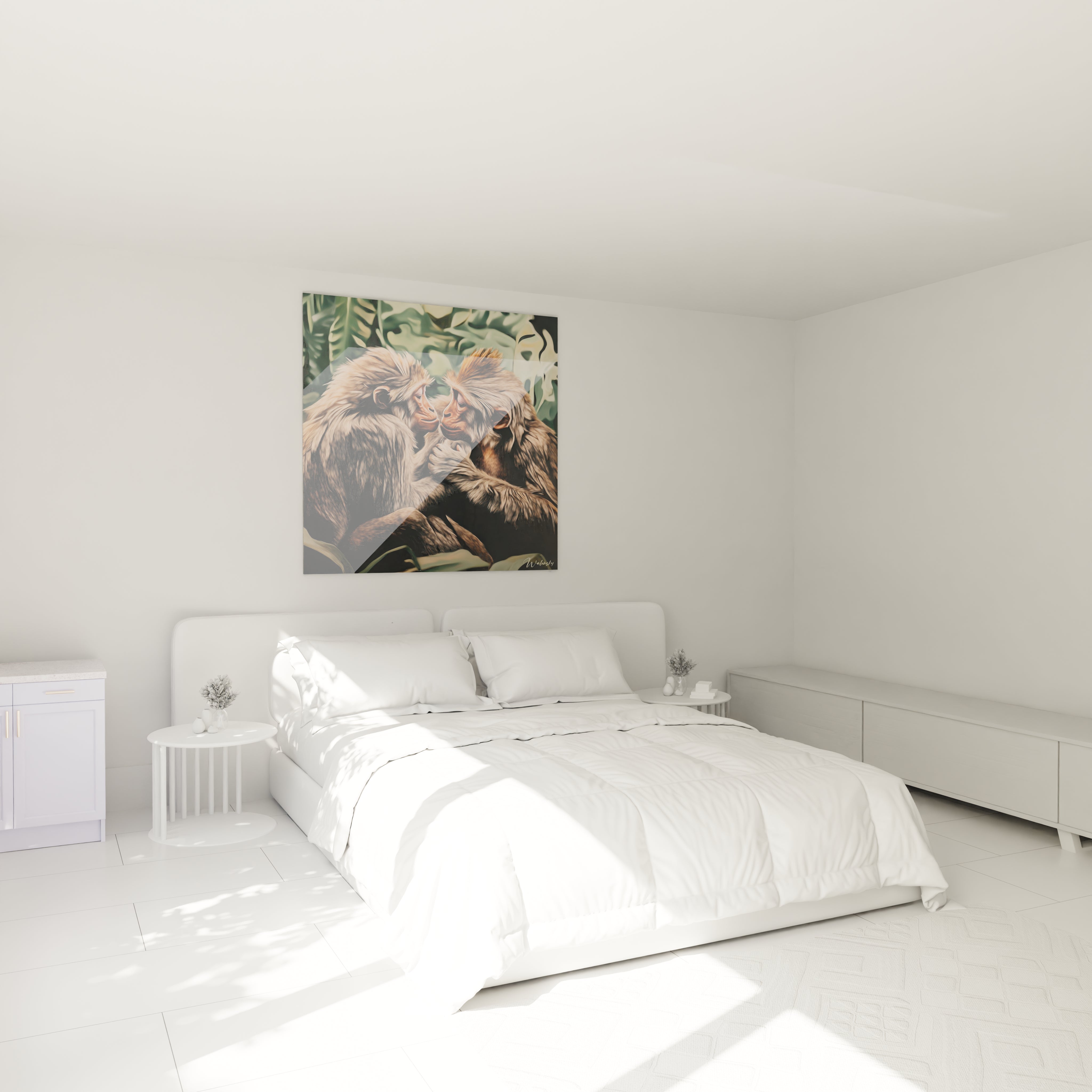 Tableau singe Walensky accroché au-dessus d'un lit blanc dans une chambre lumineuse et minimaliste