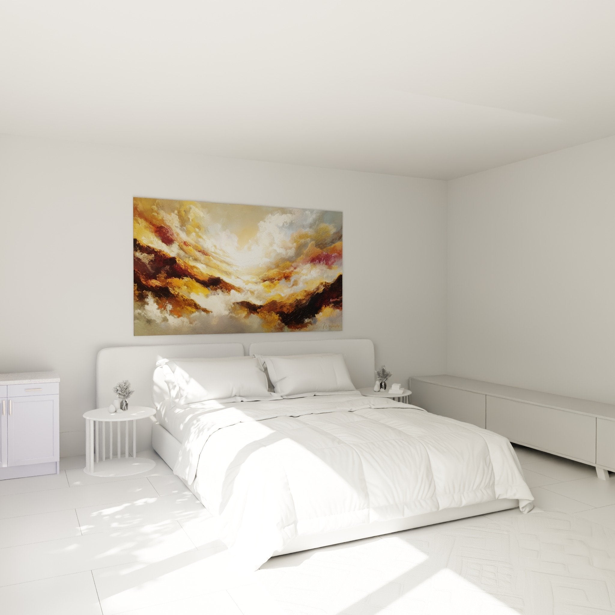 Golden ochre mountain landscape in modern bedroom - Calming Feng shui Northeast Earth interior decor ambiance